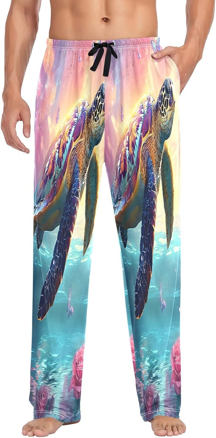 ALAZA Sea Turtle Butterflies Roses Men's Pajama Pants Men Cotton Pajama Bottoms with Pockets, S