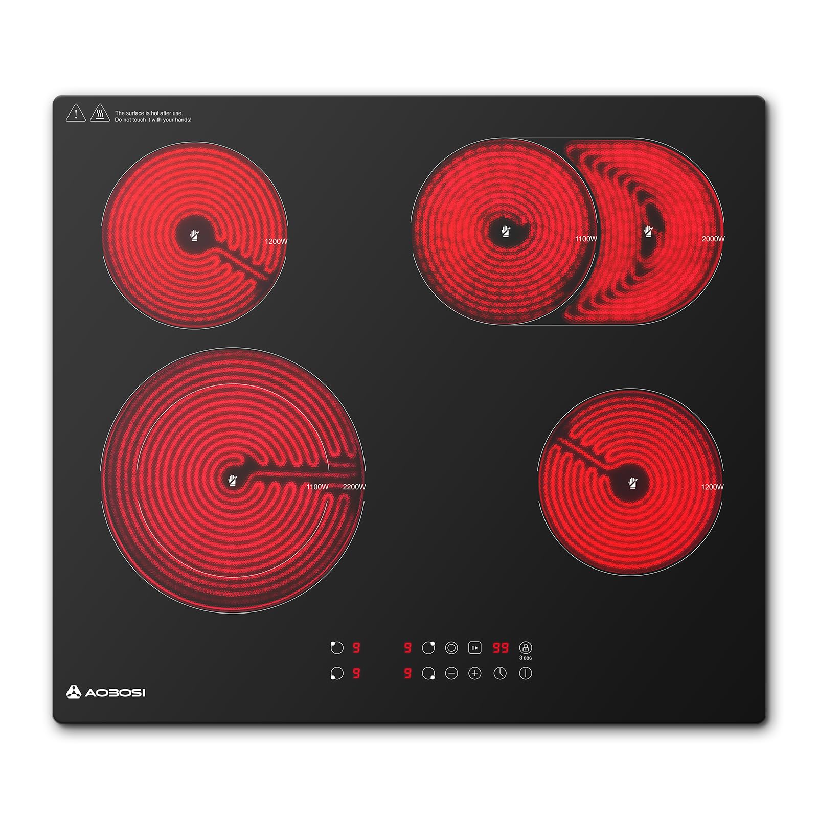 Aobosi Glaskeramikkochfeld 4 Platten 60cm,Herdplatte 4 Kochfelder mit Sensor-touch Control,9 Leistungsstufe,Dual-Zone und Bratzone, Pause-Funktion,6600W,Sicherheitsverriegelung,Timer