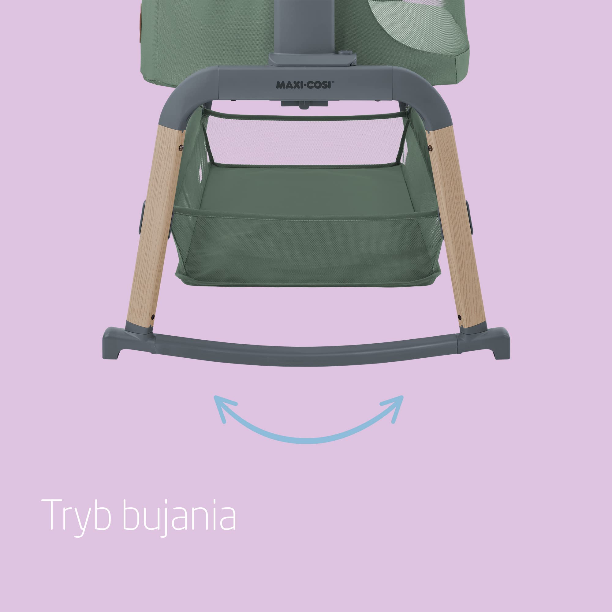 Maxi-Cosi Iora Air Łóżeczko Przystawka, Siatka do okoła, 0–6 mies., maks. 9 kg, Tryb bujania, 4 Poz. Odchylenia i 5 Wysokości, Łatwe Przesuwanie, Wygodny Materac, Łatwe Przenoszenie, Beyond Green