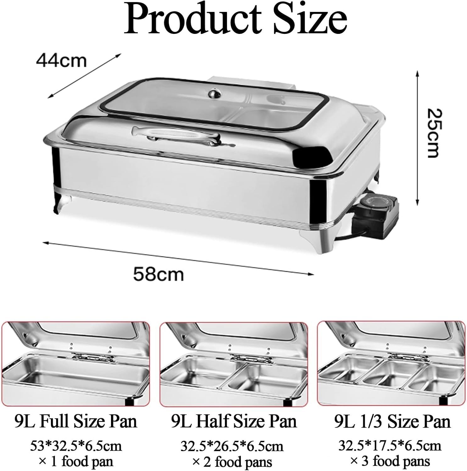 Juego de platos para bufé, servicio profesional con tapa de vidrio y sartén de acero inoxidable, calentador eléctrico para fiestas, bodas, banquetes