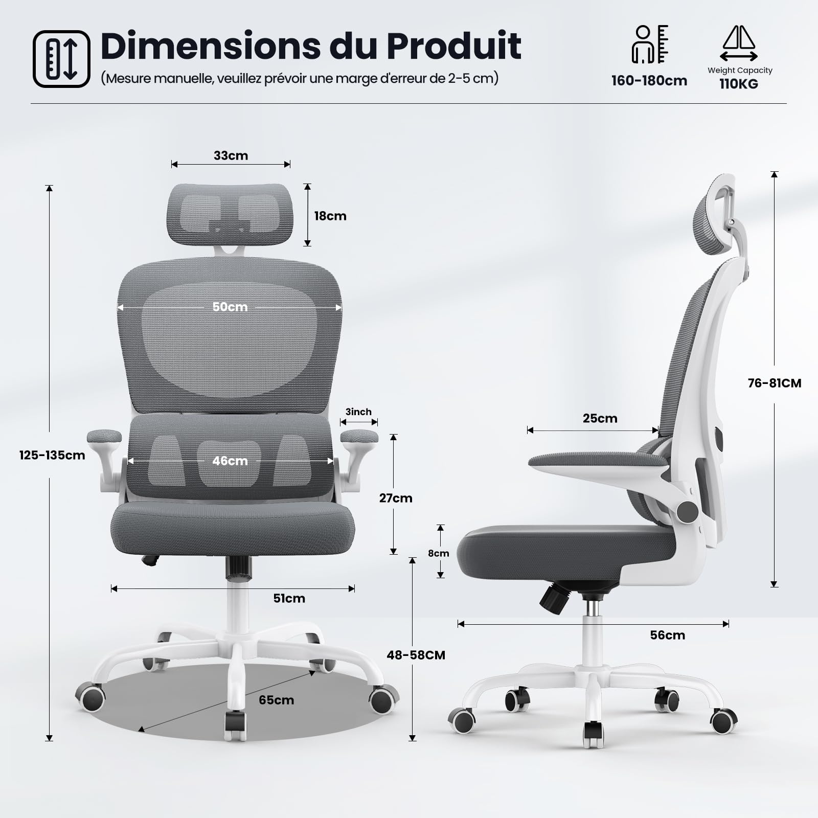 naspaluro Chaise de Bureau Ergonomique: Fauteuil Bureau avec Support Lombaire en C,Dossier et Appui-tête Réglables,Reversible Armrest,Siege en Maille Respirante Convient à la Maison Bureau,Gris Foncé