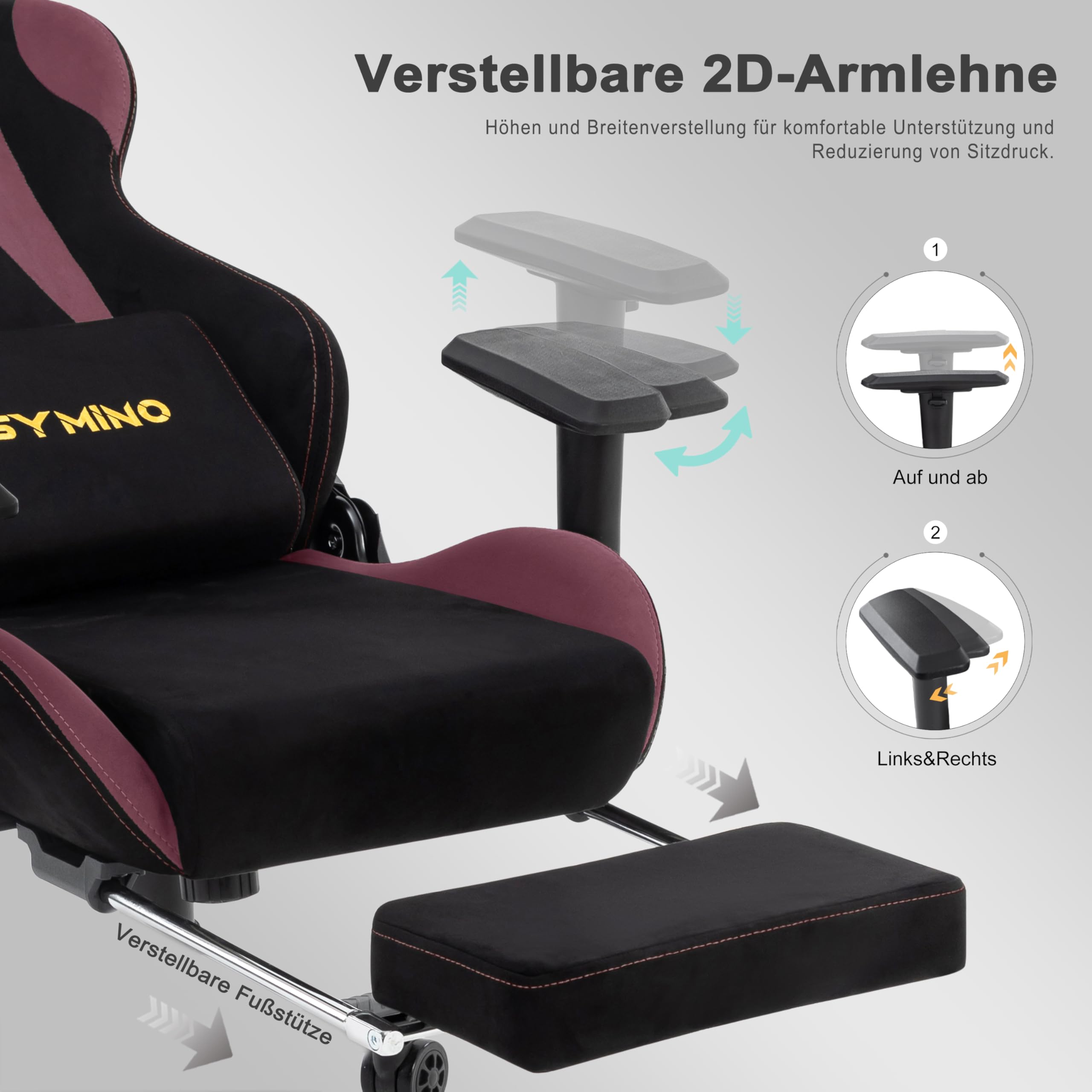 Symino Sedia da gioco ergonomica e poltrona gamer con poggiapiedi telescopico, cuscino a molle, supporto lombare e altezza regolabile 200 kg