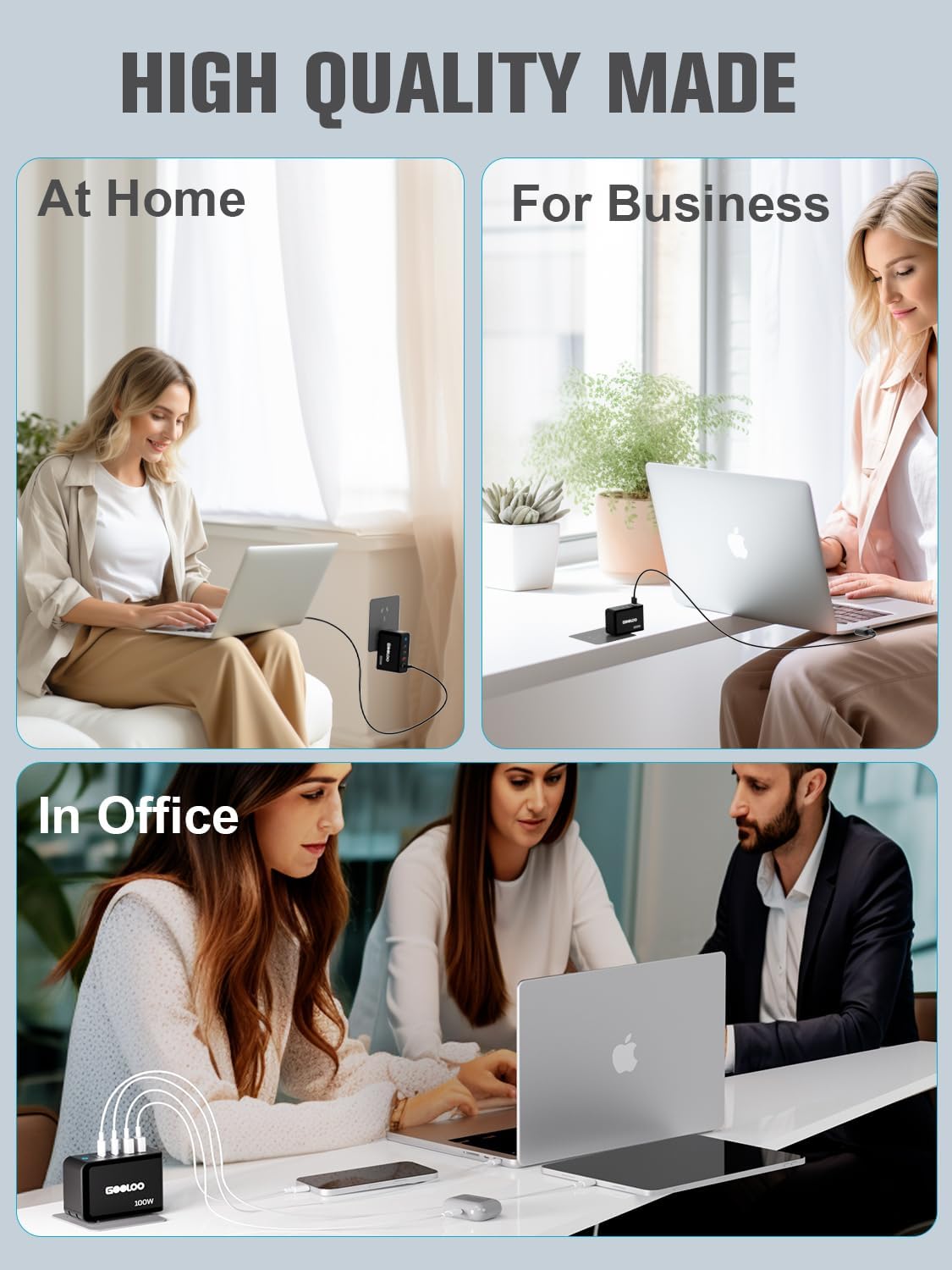 Gooloo 100W USB C Charger Block in various usage scenarios: home, business, office