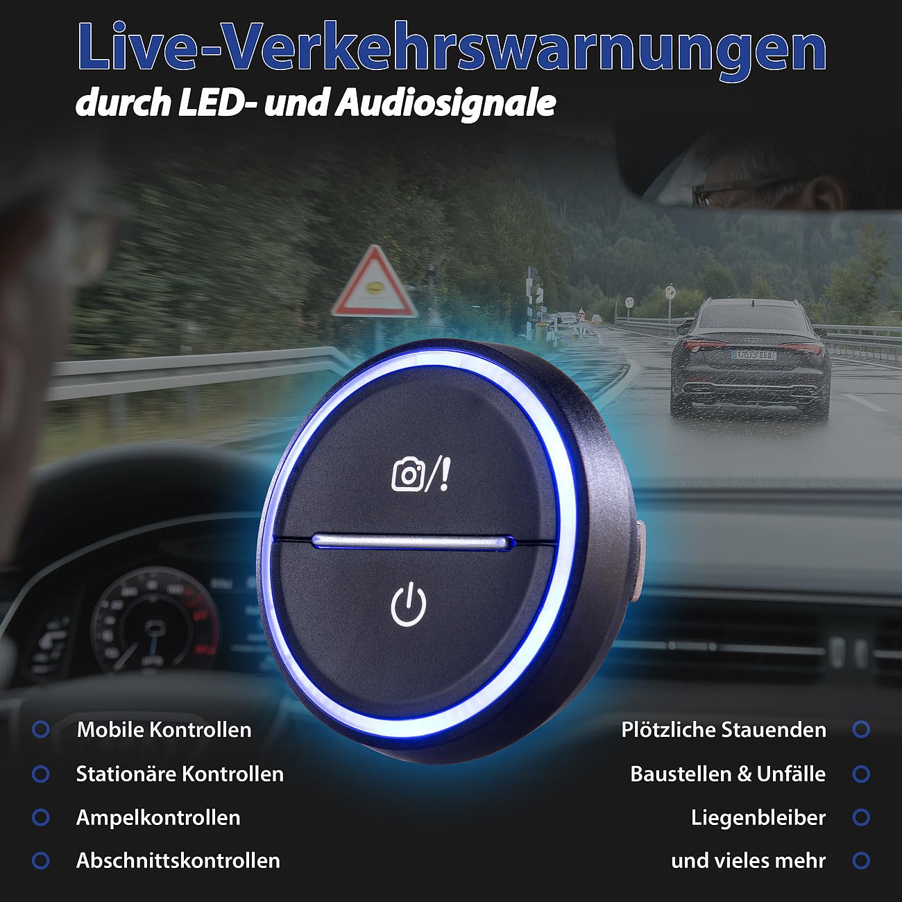 Lescars Blitzerwarner: Akku-Gefahrenstellen-Warner mit Bluetooth und App, Multicolor-LED-Ring (Gefahrstellenwarner, Auto Warnsystem Bluetooth, Laser)