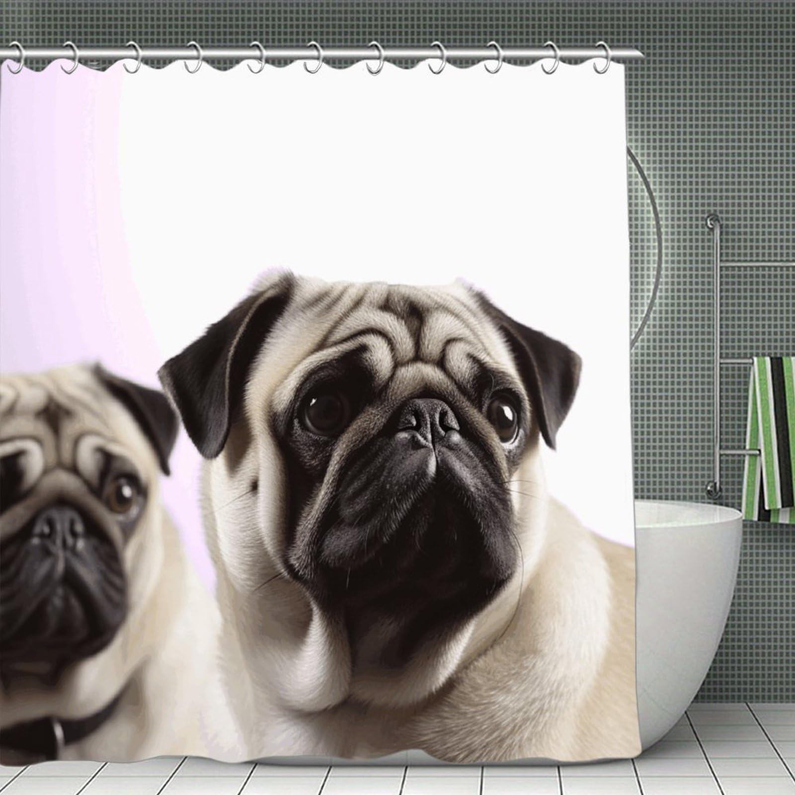 VstaDank Pug Dog Shower Curtain Waterproof Bathroom Curtain with Hooks Luxury Weighted Bath Curtains for Bathtubs Showers Room Dividers Decorative Shower Curtains 71x71 in