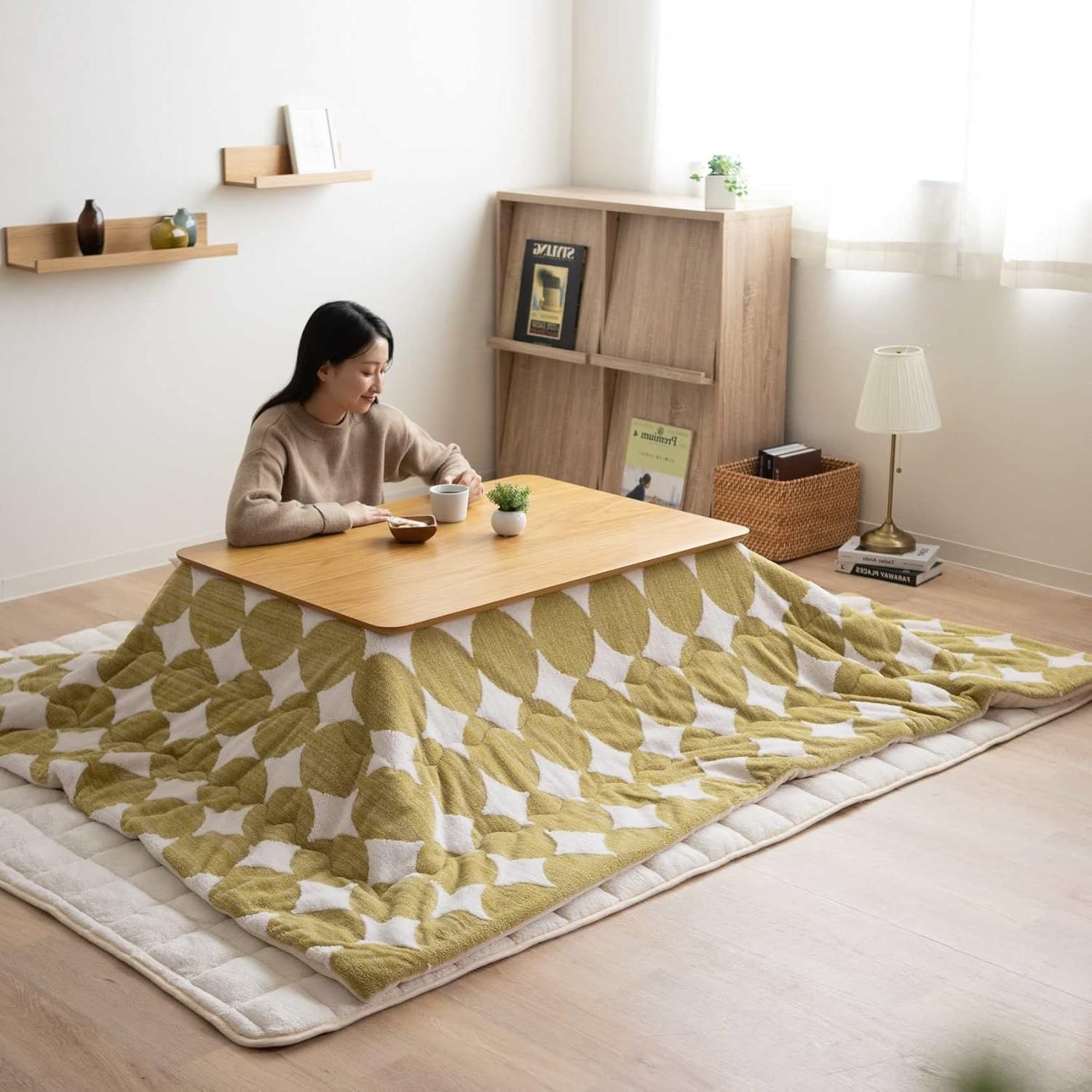 EMOOR Jacquard Boa Fleece Kotatsu Futon Comforter, Soft & Fluff Touch Blanket Throw, Washable, Rectangle 75x91in, Circle-Green