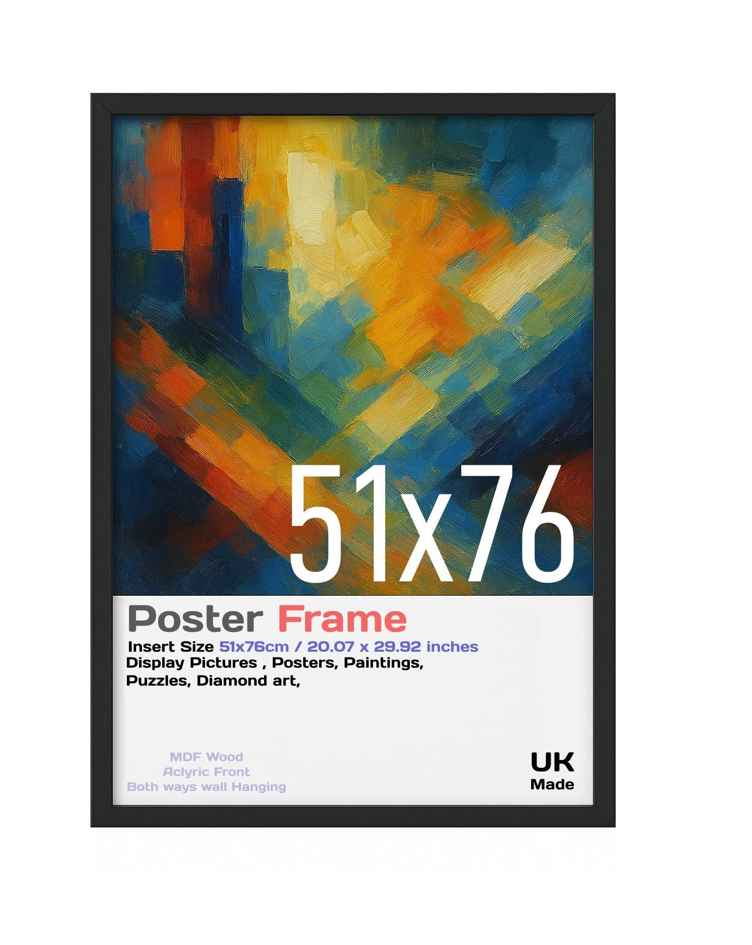 Gallery Standard MDF 51x76 cm Black Wood Photo Frame for Wall Hanging, Poster Frame with Protective Acrylic Panel
