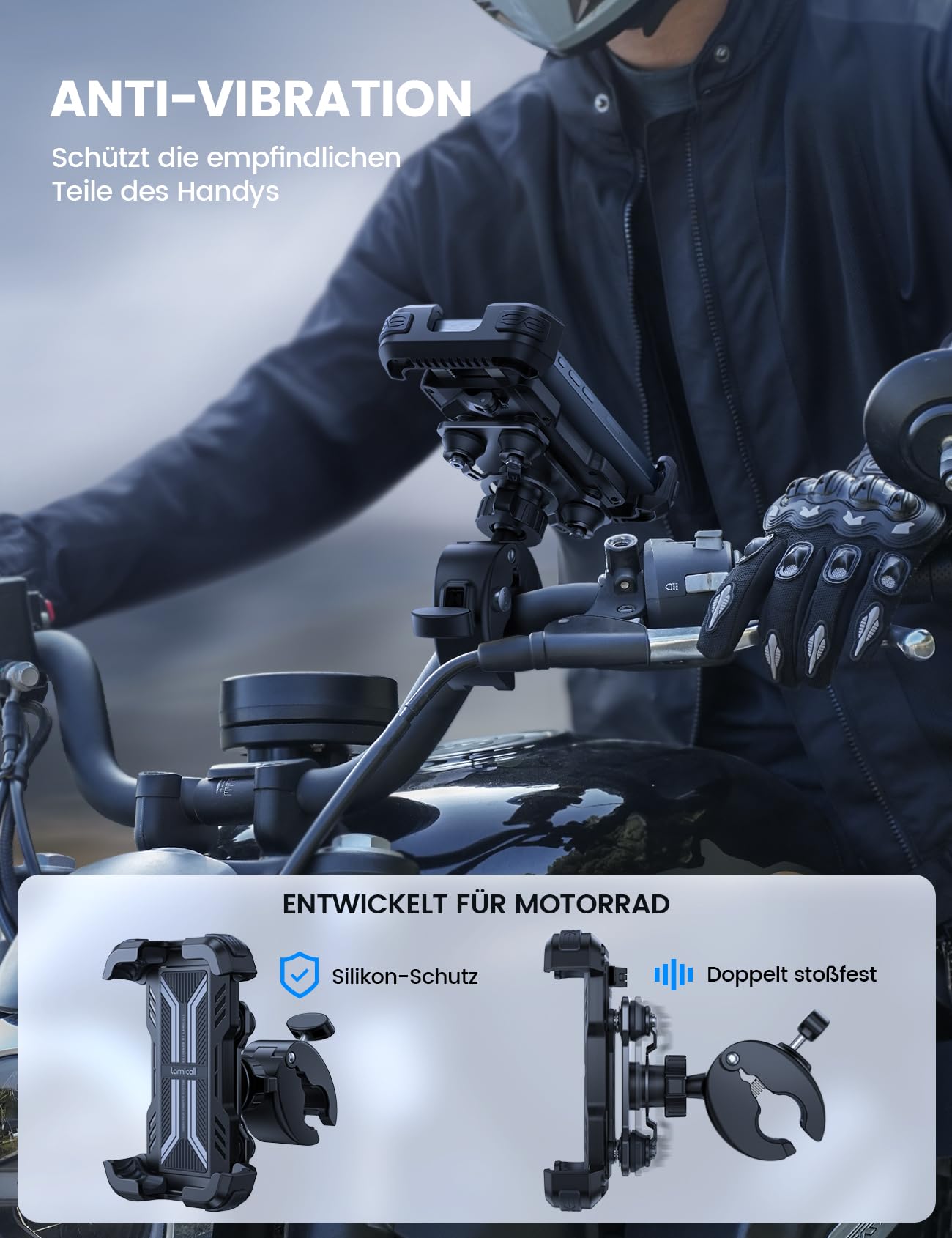 Lamicall Motorrad Handyhalterung, Handyhalter Fahrrad - [TOP Doppelt Vibrationsgedämpft] Handy Motorradhalterung, 360° Drehbare Lenker Halterung für iPhone 17 16 15 Pro Max Samsung 4,7-6,8" Smartphone