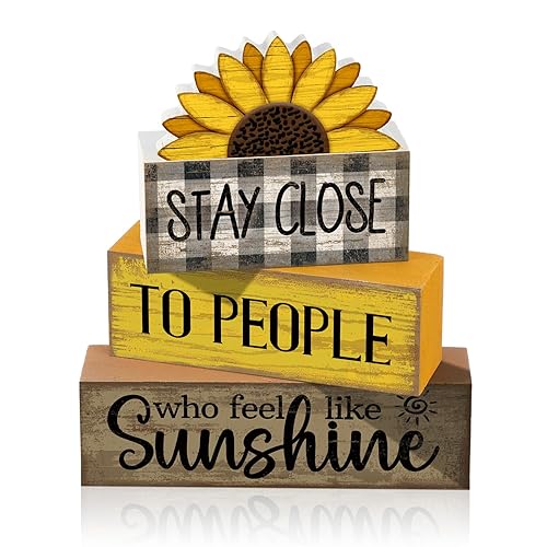 Lineshading 4 Pcs Farmhouse Sunflower Table Decorations Stackable Rustic Wooden