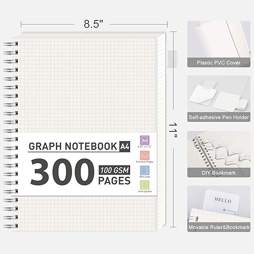 Miniatura 5 de AHGXG Cuaderno de papel cuadriculado, cuaderno de 300 páginas en espiral de 8.5 x 11 pulgadas, cuaderno de papel de cuadrícula grande A4, papel