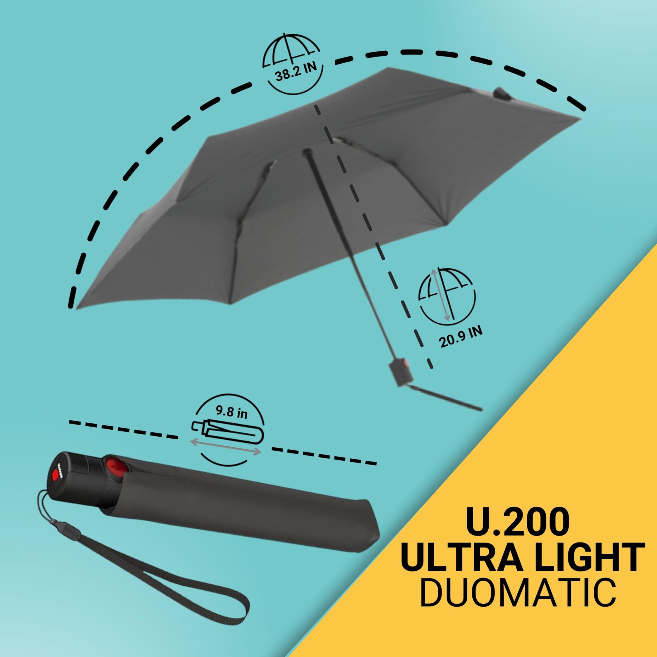 Knirps parapluie U.200 Ultra Light Duomatic Dark Grey gris foncé | Parapluie ouverture fermeture automatique résistant vent fort 140km/h, parapluie homme solide, De voyage