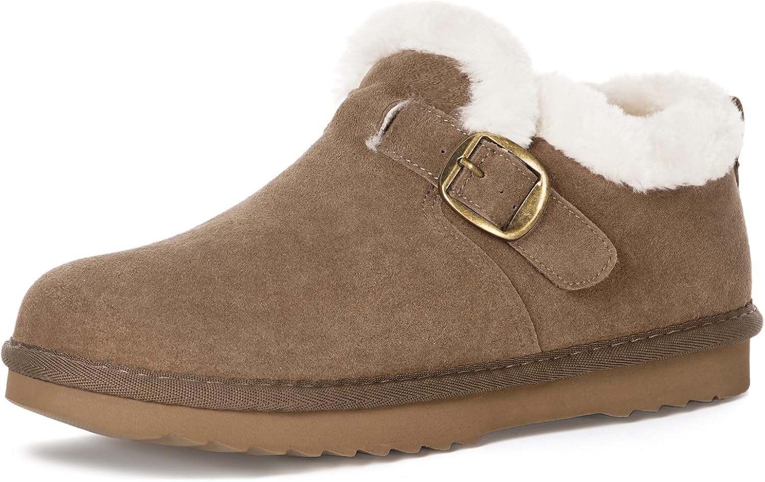 Hsyooes Womens Snow Boots Genuine Suede Leather Mini Boots Faux Fur Lining Winter Ankle Booties Water Resistant Warm Short Boots Outdoor Non Slip Memory Foam Insole w/Adjustable Buckle,Coffee,42 EU
