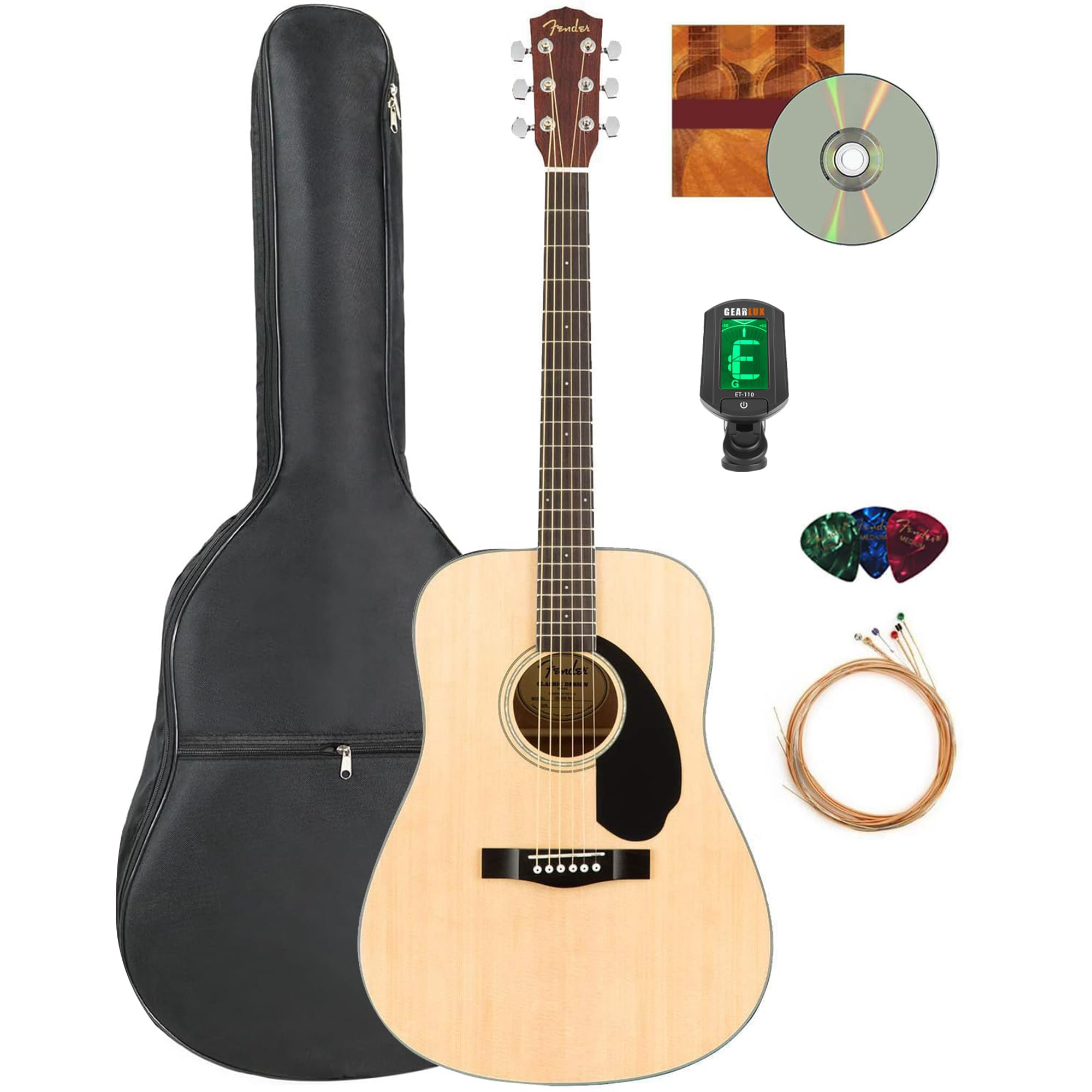 Fender CD-60S Solid Top Dreadnought Acoustic Guitar - Natural Bundle with Gig Bag, Tuner, Strings, Picks, Fender Play Online Lessons, and Austin Bazaar Instructional DVD