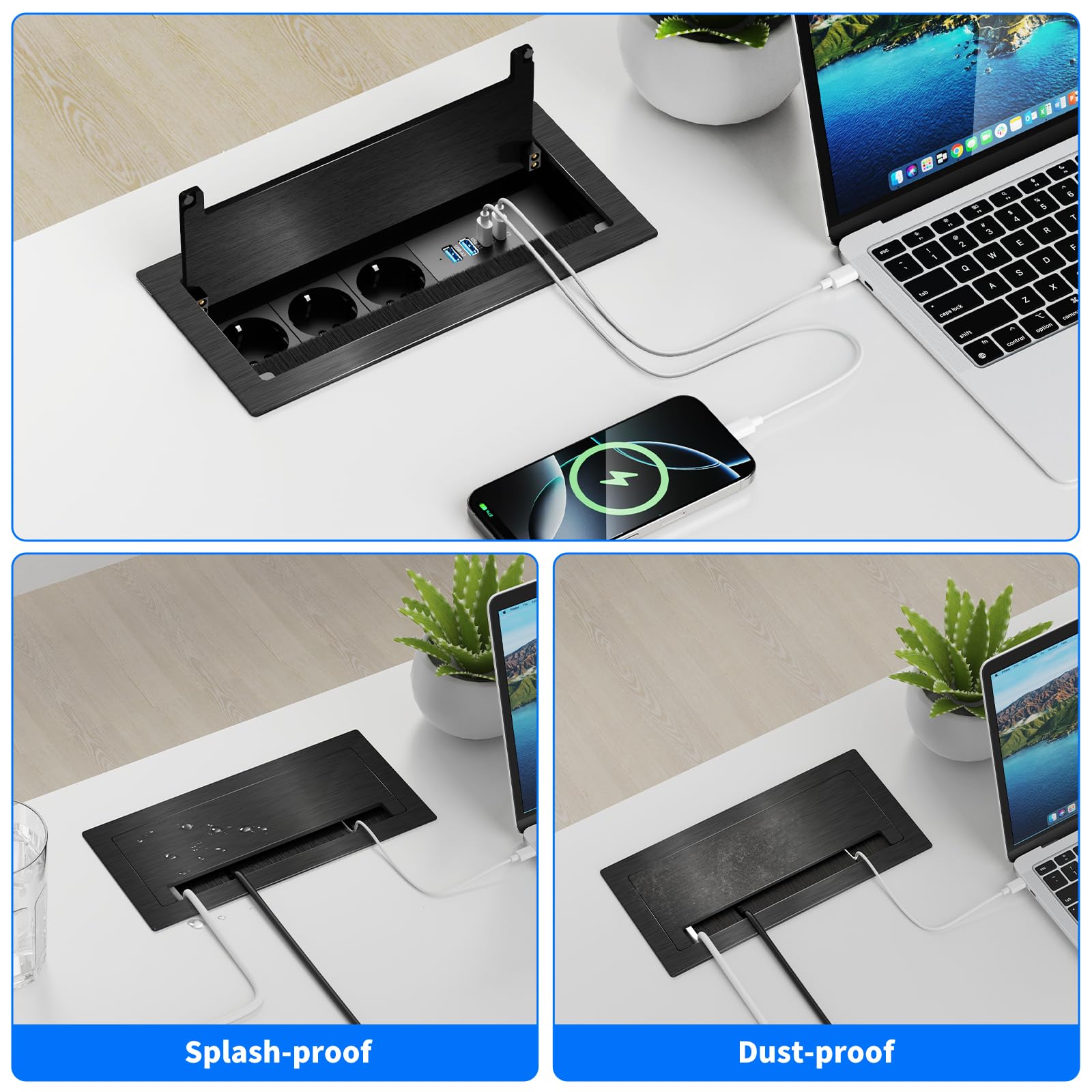 Enchufe empotrable de Aluminio para Cocina, encimera y Oficina con 3 Tomas de Corriente, 2 Puertos USB-C PD 30W y 2 USB-A, regleta de enchufes empotrable con Cable de 1,8 m, Color Negro