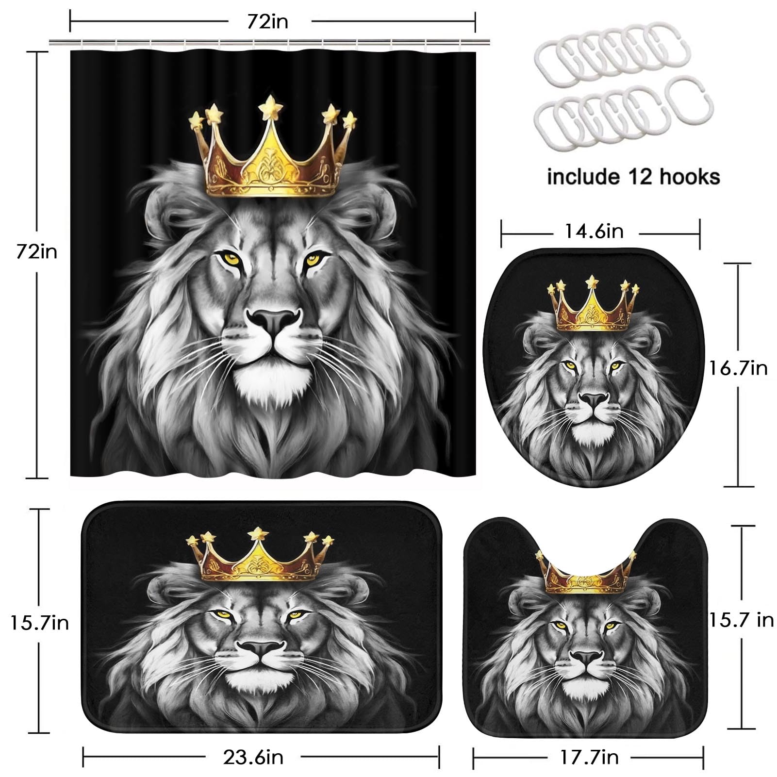 ArtSocket Black Bathroom Set with Shower Curtain and Rugs and Accessories, Gold Grey Lion African American Shower Curtain, Lion Bathroom Decor 4 Pcs