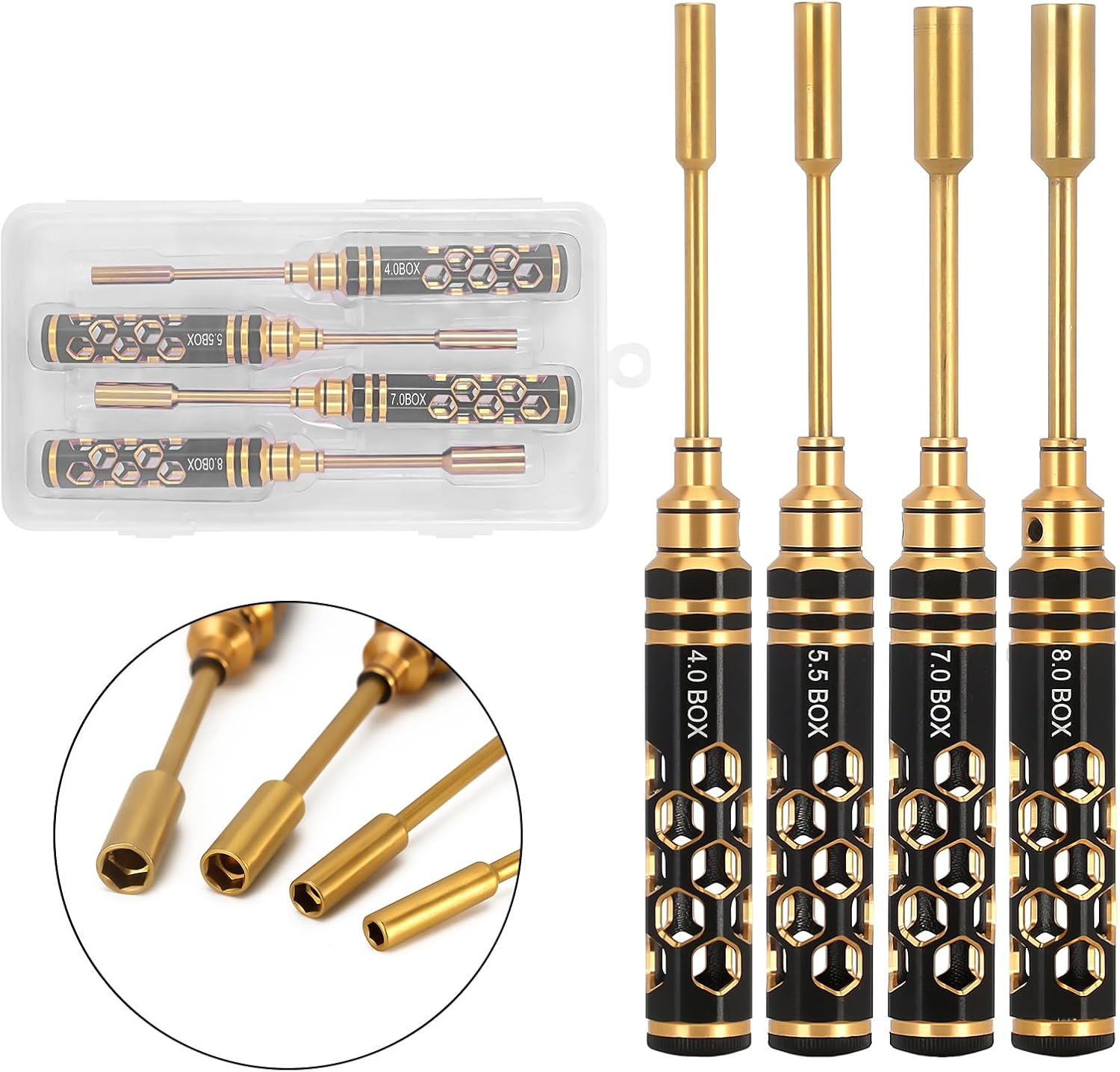 INJORA 4 PCs RC Hex Nut Screw Driver Set, 4.0 mm 5.5 mm 7.0 mm 8.0 mm Hexagon Head Nut Screwdriver Wrenches, Socket Driver, RC Car Repair Tool Kit for RC Model Car Boat Helicopter