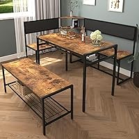 KEIKI 3-Piece Corner Dining Table Set for 4-6, Industrial Farmhouse Kitchen Table with Storage Bench, L-Shaped Seat for Small Spaces, Brown