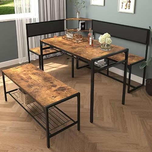 KEIKI Juego de mesa de comedor de esquina de 3 piezas para 4-6, juegos de mesa y sillas de cocina industrial con almacenamiento y banco, mesas