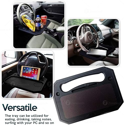 Miniatura 7 de ZONETECH Bandeja de comedor para volante de automóvil, multifuncional, portátil, portátil, iPad, tableta, mesa de alimentos para conductores, se