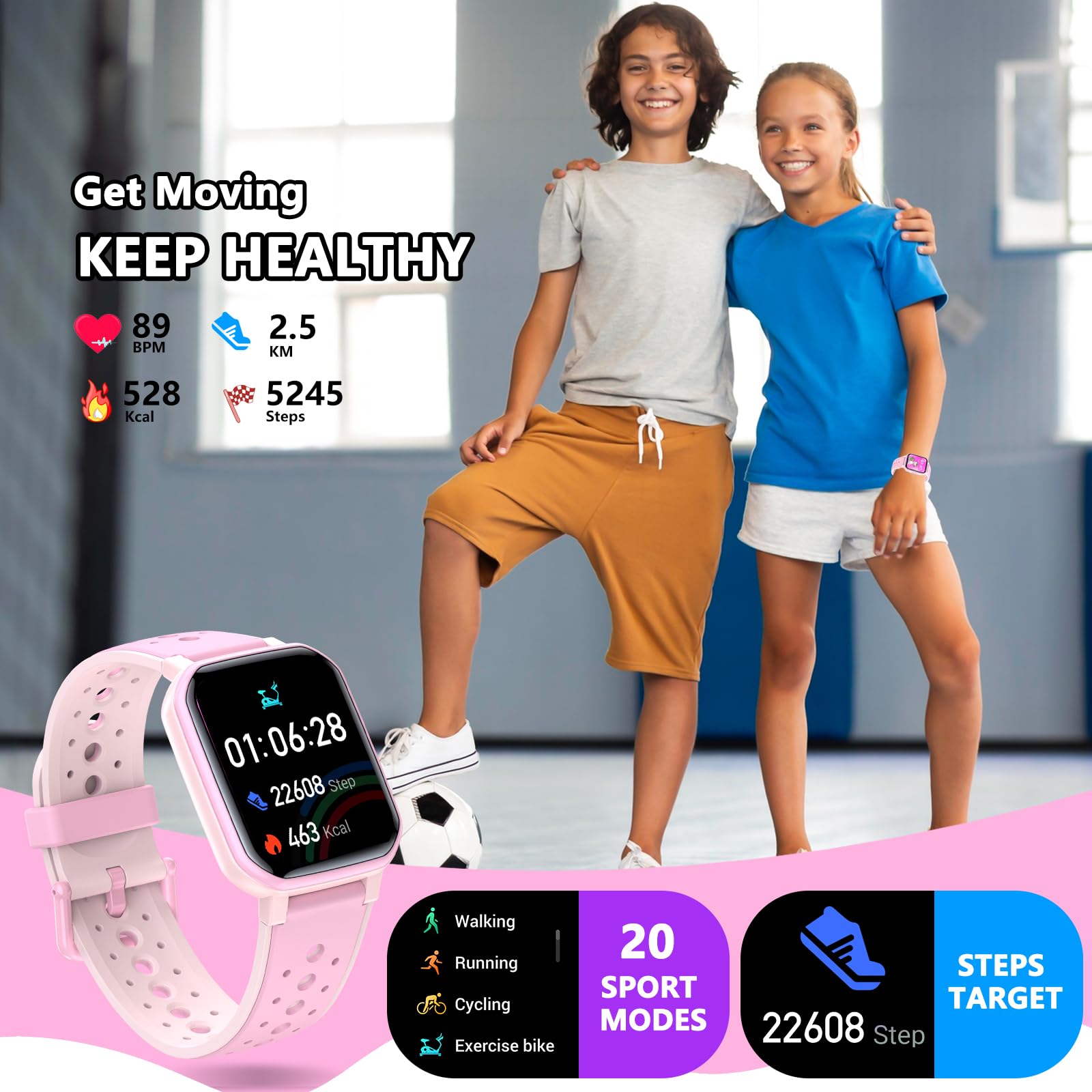 JOYELE Smartwatch Orolorio Bambino Bambina, Orologio Fitness Smart Watch 20 Modalità Sportive, Monitoraggio Sonno/Frequenza Cardiaca, Fitness Tracker per Android iOS (Rosa)