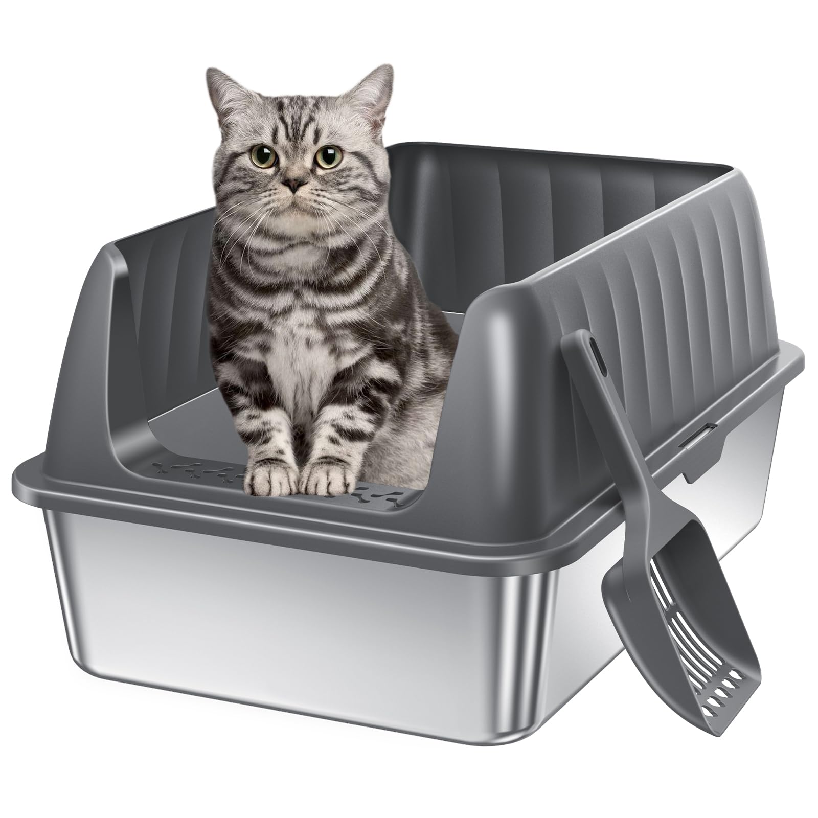 Stainless Steel Litter Box Enclosed Cat Litter Box with High Sided Lid Odor Control Non-Stick Easy Clean Low Entry Anti-Tracking Litter Box for Kittens & Small Cats