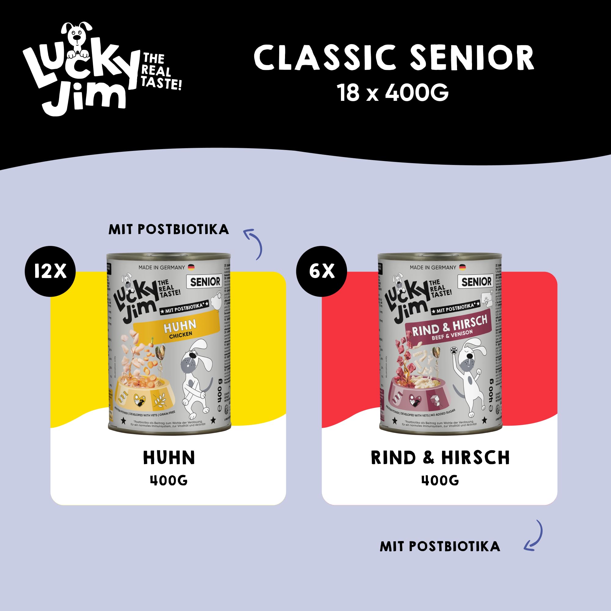LUCKY JIM Huhn, Rind & Hirsch Senior Hundefutter nass - 18 x 400g Dosen - Nassfutter für ältere Hunde, ohne Zuckerzusatz & mit Postbiotika, Made in Germany, mit Tierärzten entwickelt