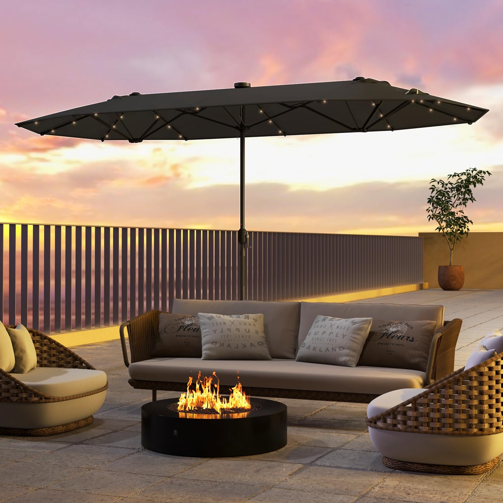 KOMFOTTEU Sombrilla Doble 4 x 2 m con Luces LED y Base, Sombrilla Rectangular con Manivela, Parasol de Jardín con Protección UV, Parasol Grande para Balcón, Piscina, Patio