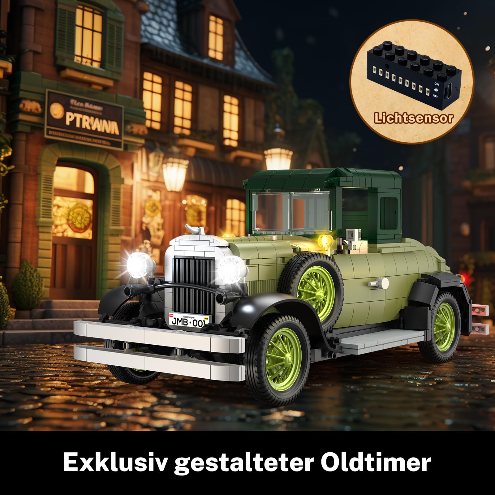 JMBricklayer Retro Auto Modellbau für Erwachsene mit Licht, 50001 Vintage Modellauto Bausätze, Oldtimer Car Sammler Ausstellungsset Dekorationen, Bausteine Geschenke für Fans Klassischer Fahrzeuge