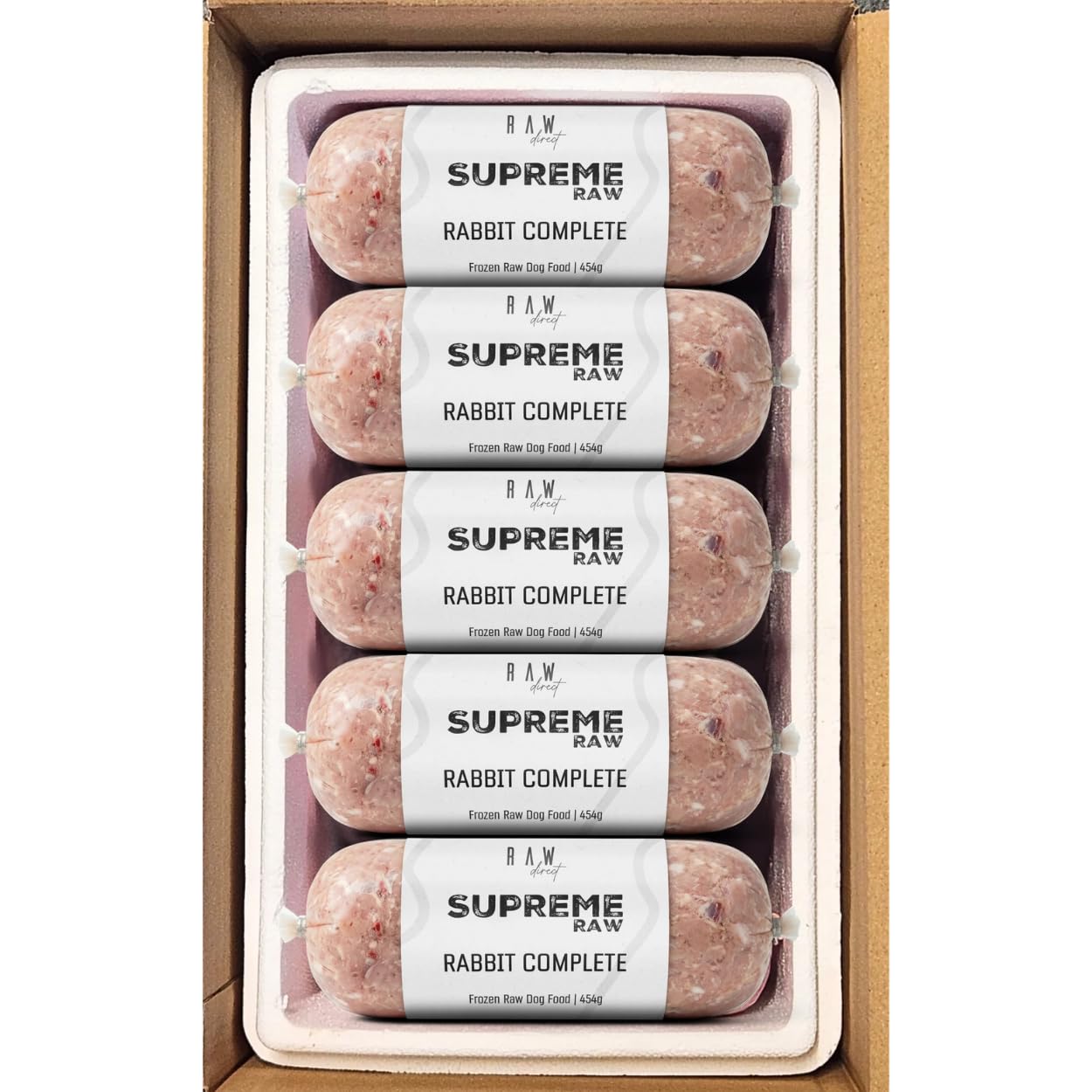 RAW DIRECT Supreme Raw Frozen BARF Dog Food - 454g Rolls - Variety Flavours – Box of 10, 20, 30 Rolls - Premium Natural Barf Diet - High-Protein, Grain-Free & Nutrient-Rich (10, RABBIT)
