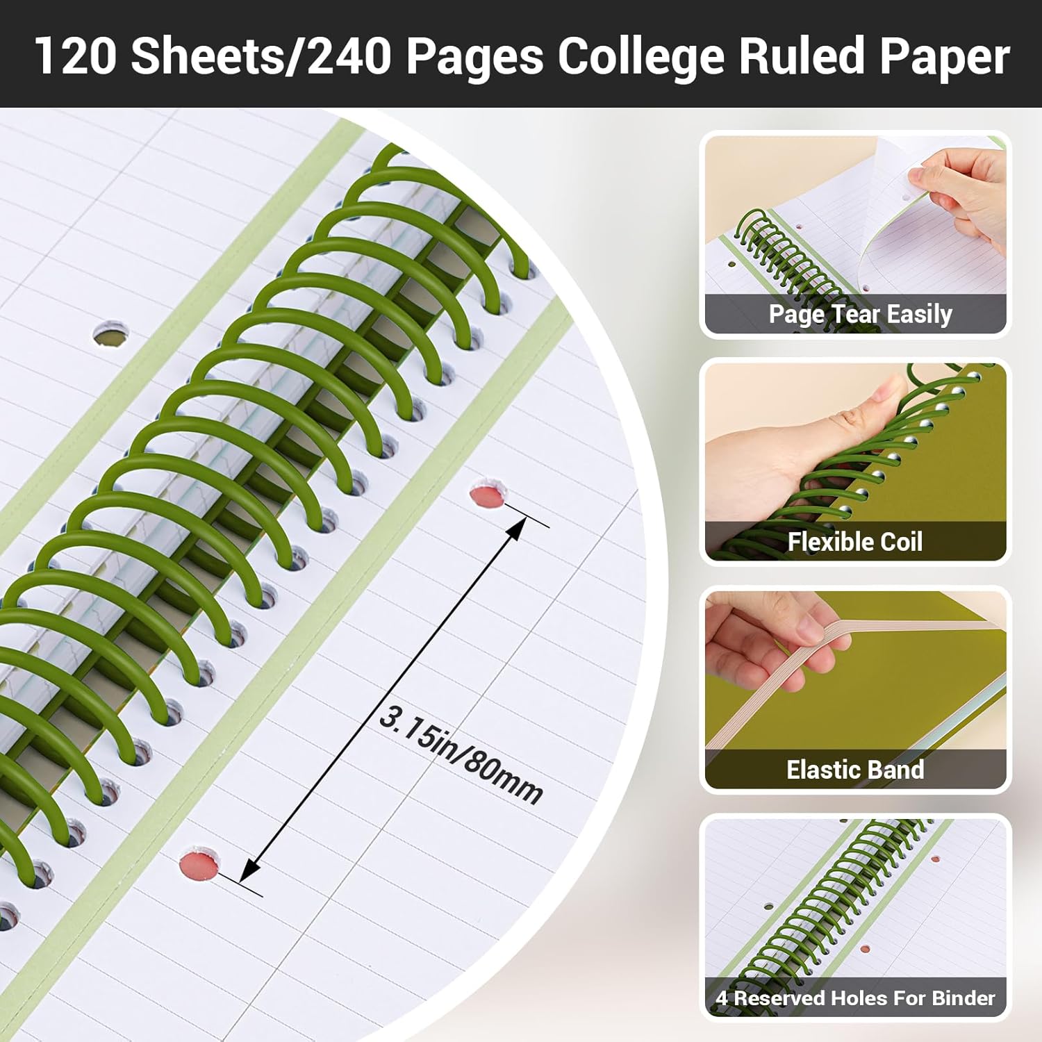 EUSOAR College Ruled Notebook, Large A4 9.25" x 11.7" Lined 3 Subject Spiral Notebook with Pockets, Cute Women Journal Notebook 240 Pages 90gsm Thick Paper Notebook for Office School Supplies-Green