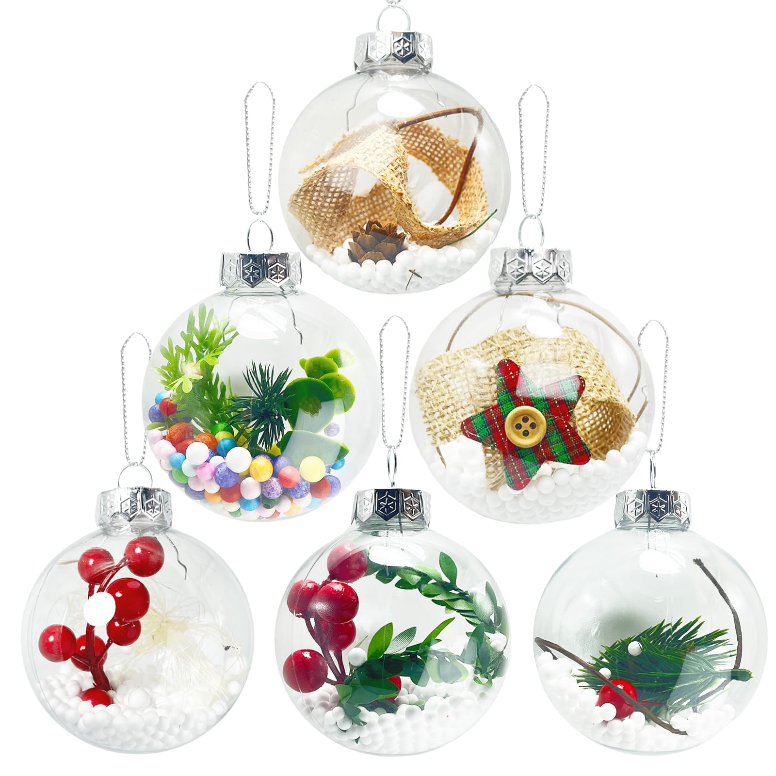 Christmas Ball Decorations, 3 Inch Fillable Christmas Ornaments, DIY Plastic Ball Crafts for Xmas Tree, Colorful Party Decor, 6 Pack
