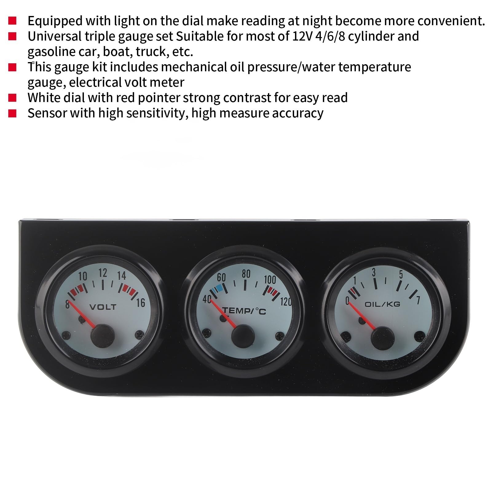 52 mm Öldruck-Temperatur-Voltmeter-Instrumententafel.Ein universelles Auto-Dreifachanzeigen-Set, das als Kfz-3-in-1-Instrumentenanzeige für 12-V-Systeme konzipiert ist