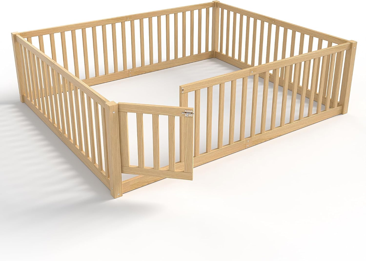 Bellemave Queen Size Montessori Floor Bed with 23.5" High Rails, Pine,Plywood Queen Floor Bed with Small Door, Natural
