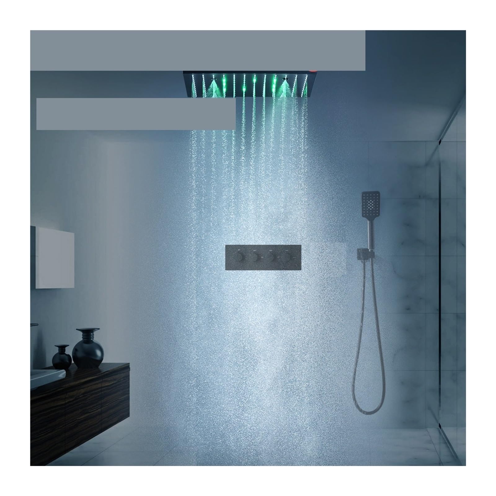 Pannello for soffione Doccia con Massaggio Nero, Set di rubinetti for Doccia a LED con Getto a Pioggia Spa, di Kit Miscelatore valvola termostatica(20 inch with LED)