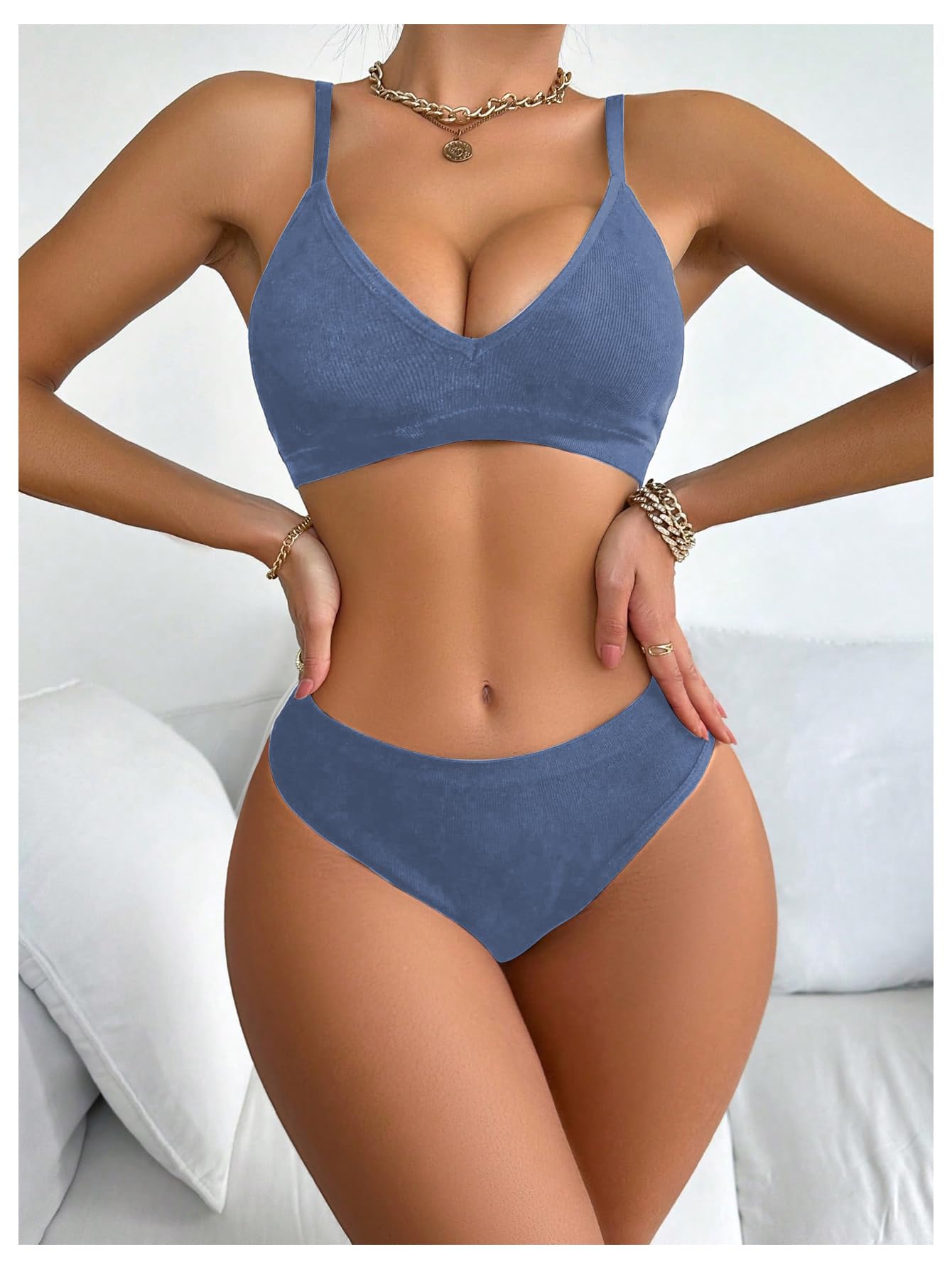 SOLY HUX Women's Lingerie Set 2 Piece Wireless Bra and Panty Underwear Sets: Large Pure Dusty Blue