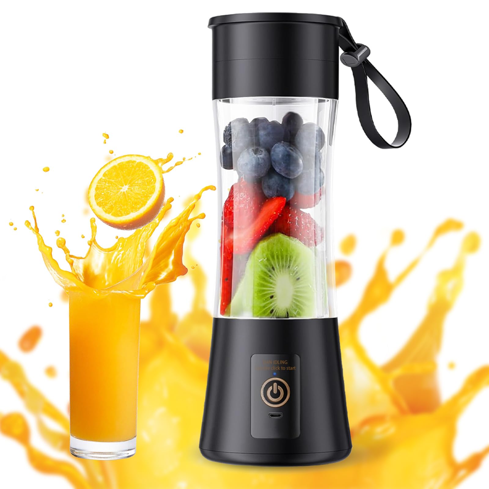 2000mAh USB Rechargeable Portable Blender, 380ml Small Personal Blender with 6 Blades for Smoothies, Travel, Home, Office, Black