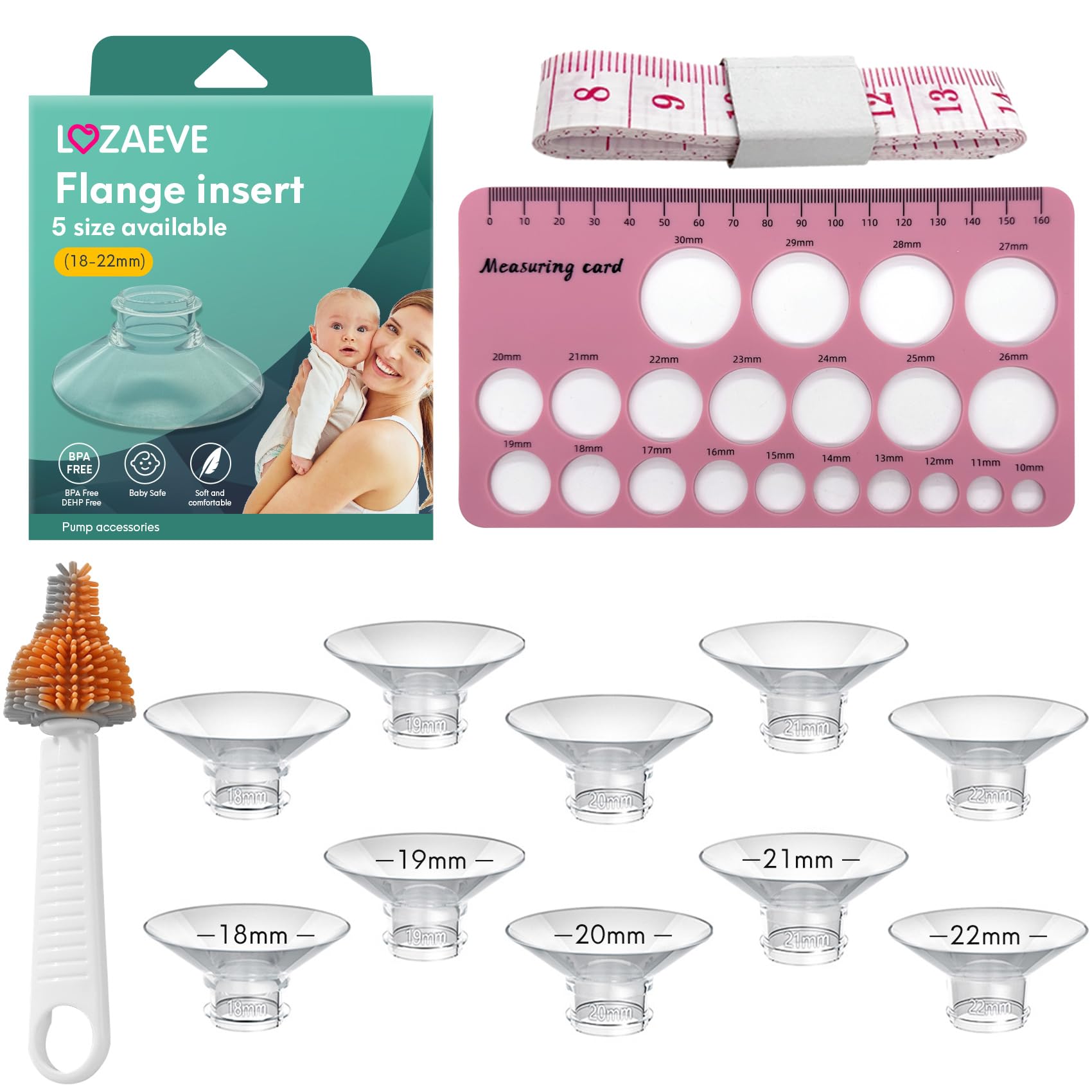 Big Wider Angle (105 Degree) Flange Sizing Kit with 10PCS 18/19/20/21/22mm Flange Inserts for 24mm Wearable Breast Pump, Silicone Flange Size Kit 3 in