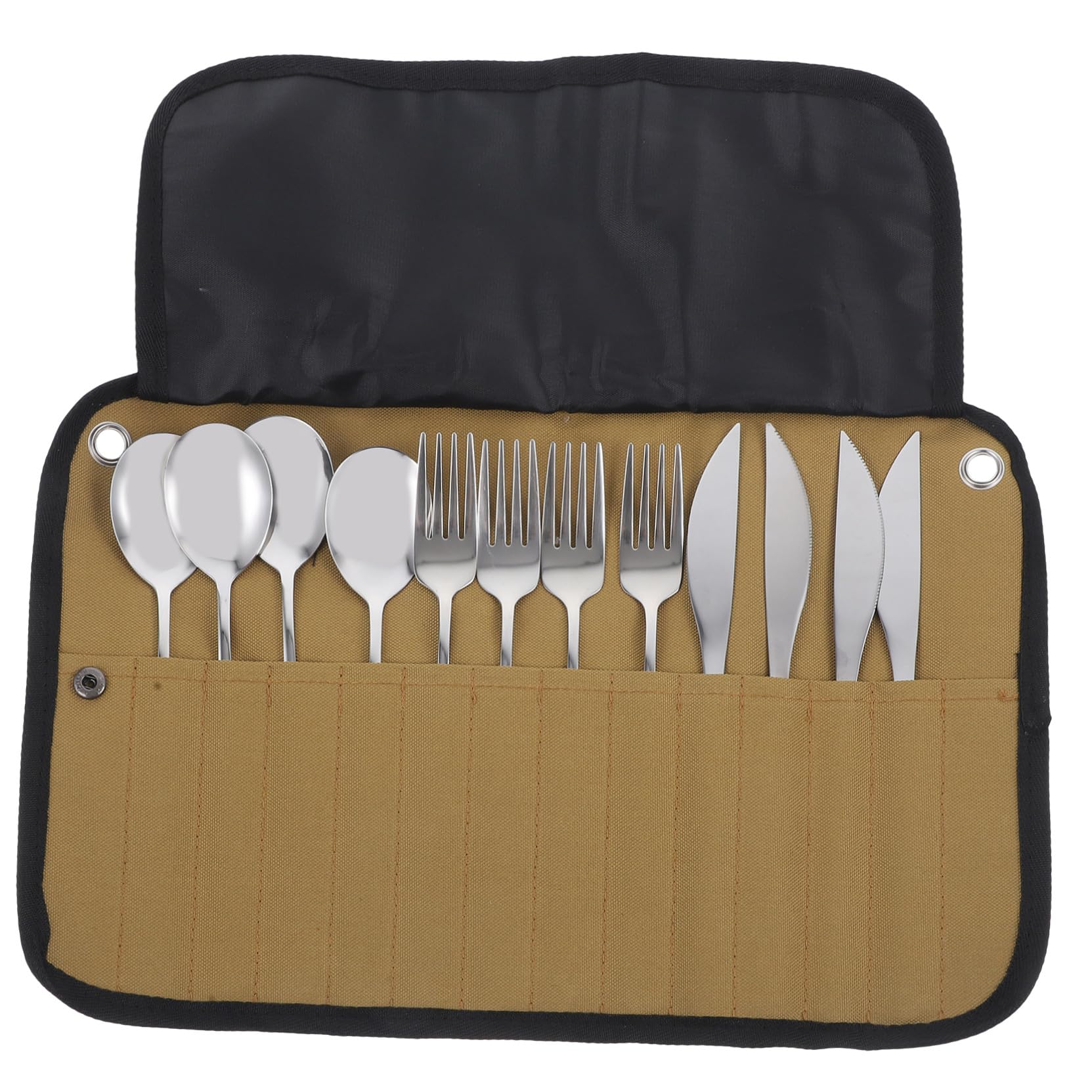 Campingbesteck Satz 1 Satz aus Edelstahl in Silber mit Tasche | Nylon Beutel, für Camping und Restaurant, Leicht zu Reinigen, Tragbar und Einfach Mitzunehmen
