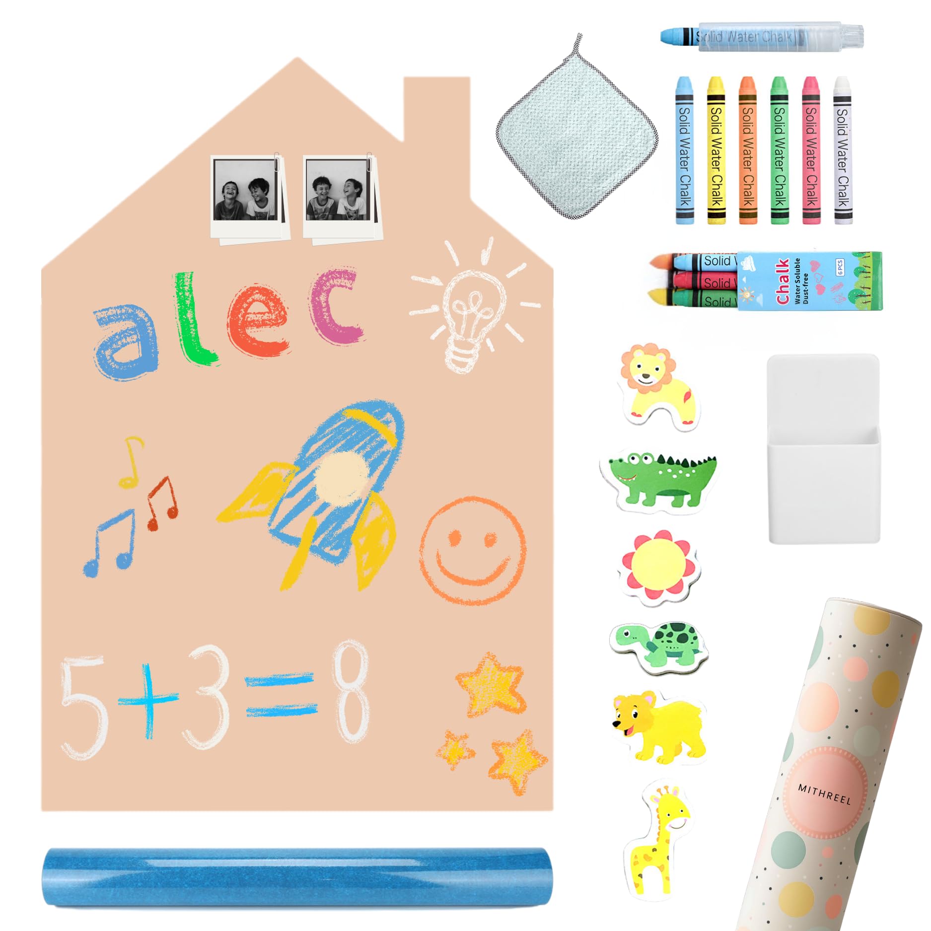 MITHREEL Children's Magnetic Whiteboard House Shaped Wall Sticker, Sand Colour 100 x 80 cm, with Chalk and Animal Magnets (Sand 100 x 80 cm)