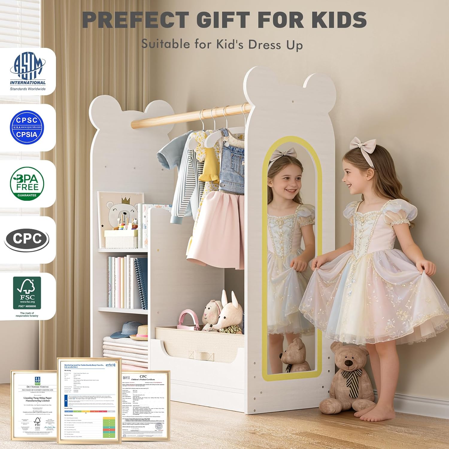 BlueWood Dress Up Storage Kids Wardrobe with Mirror, Toddler Princess Costume Closet with Hanging Rod, 3 Shelves & Storage Bins, Armoire Rack for Little Girls Ages 3-7, Beige Bear