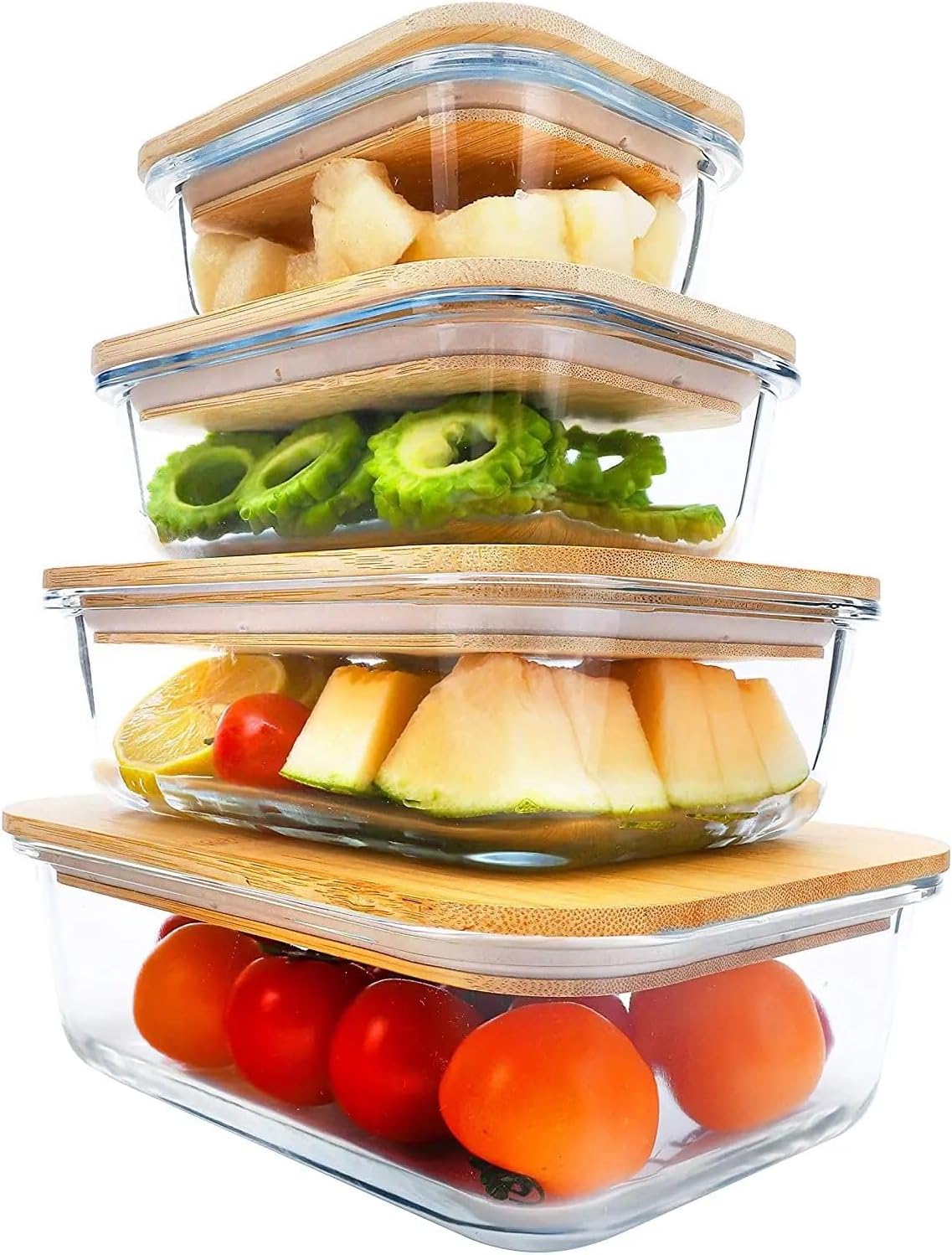 MAHA HKD 4 Rectangular Glass Food Storage Containers (12 oz + 20 oz + 35 oz +50 oz) with Eco-Friendly Bamboo Lids | 4 Bento Boxes for Meal Prep, Leftovers, Baking, Cooking & Lunch | BPA-Free