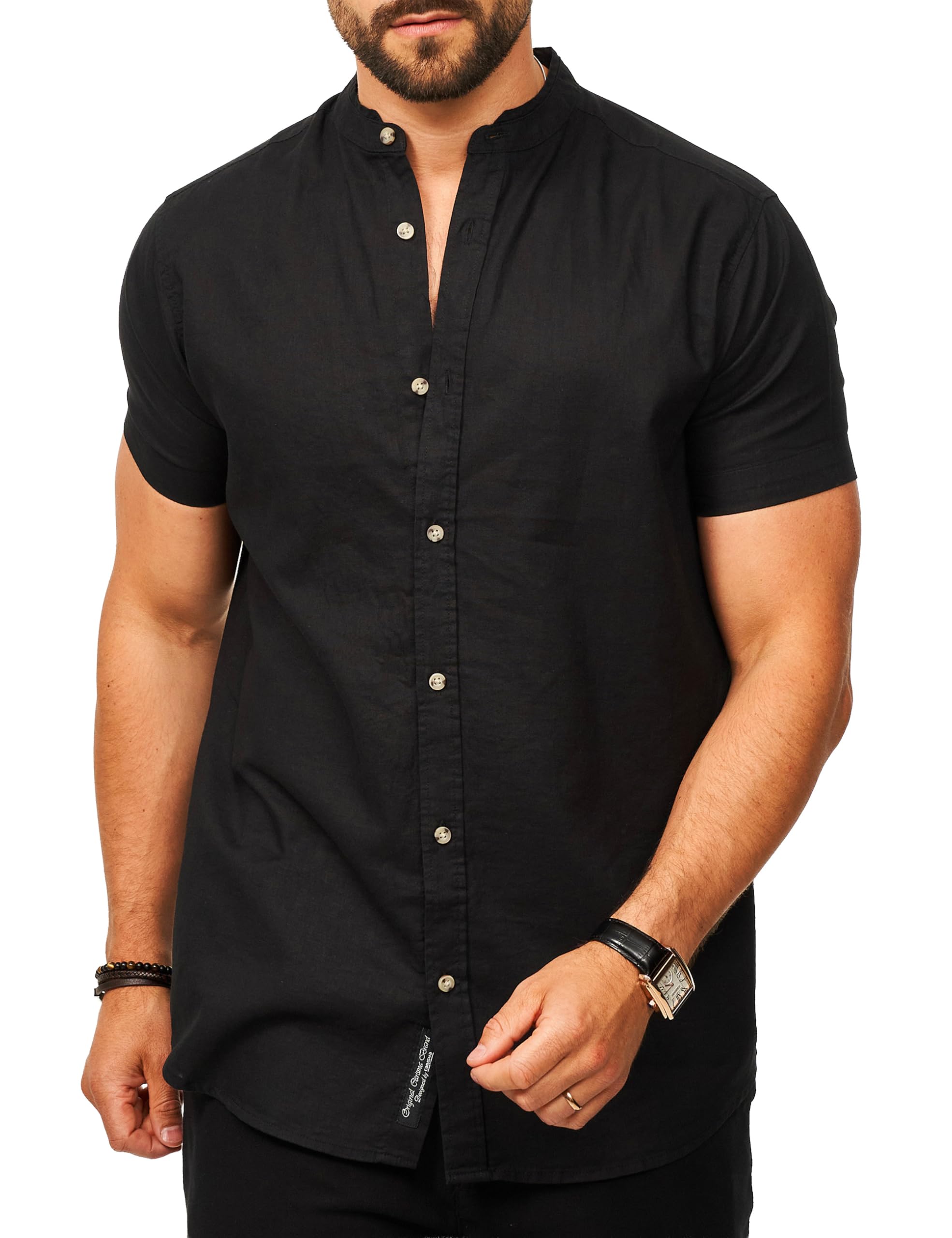 behype. Camicia da uomo a maniche corte in lino, per il tempo libero, vestibilità regolare, con colletto alto, estivo, per uomo