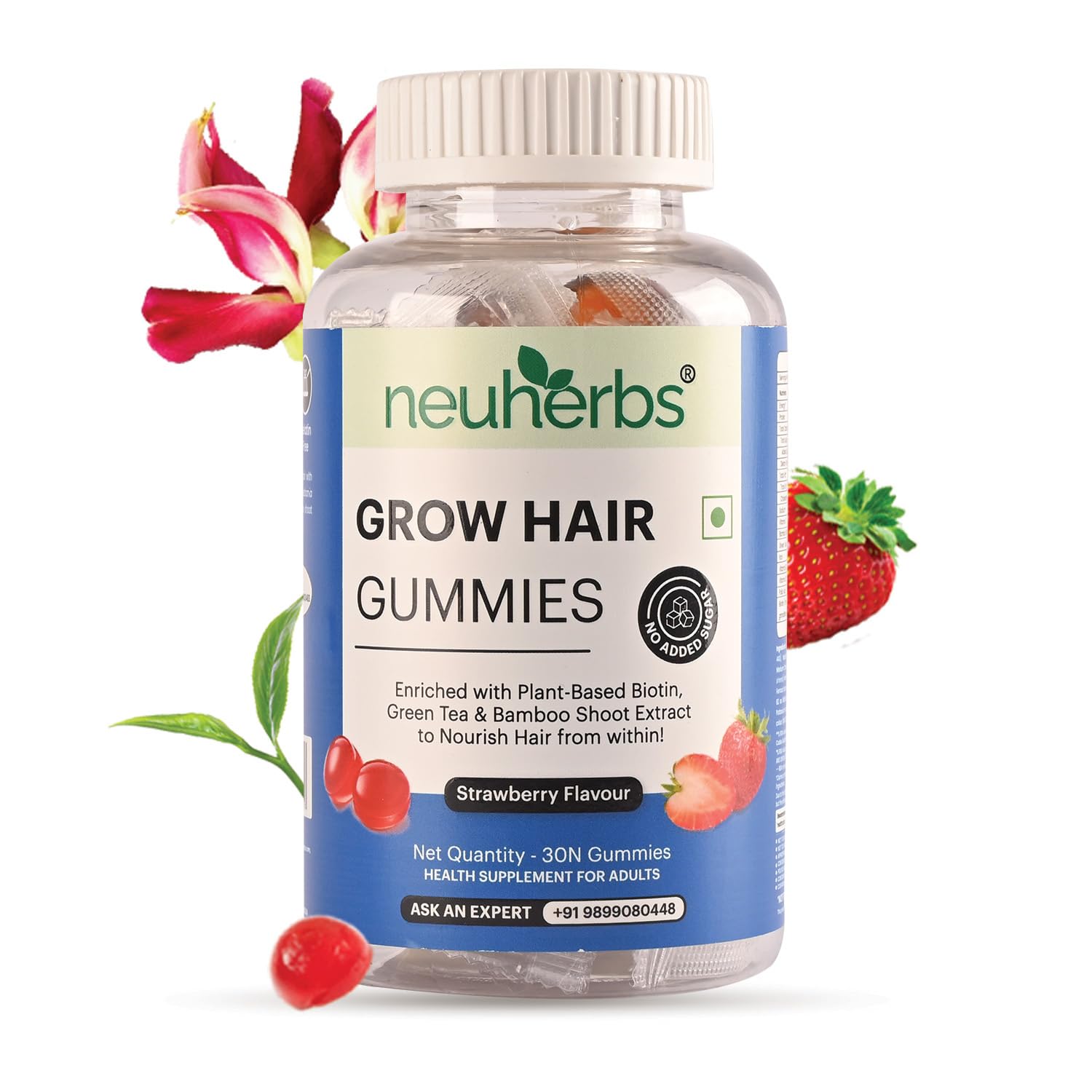 Neuherbs Grow Hair 30 Gummies With Biotin,Bamboo Shoot Extract,Green Tea Extract,Iron,Vitamin B12,B2,Folic Acid Keeps Hair Healthy & Strong,Natural Strawberry Flavored,100% Vegetarian,Gelatin Free