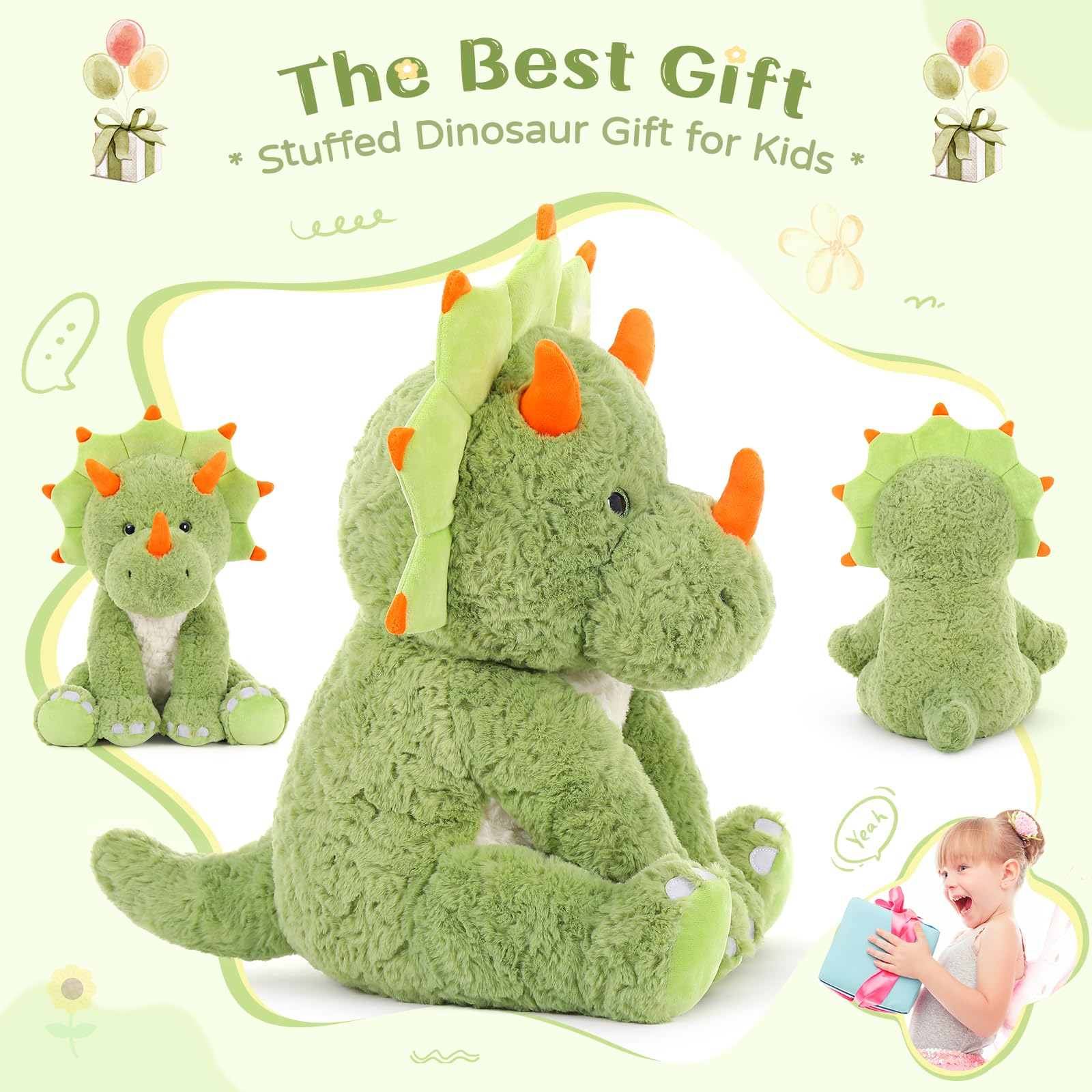 Tezituor 61 cm grüne Dinosaurier-Stofftiere, große gefüllte Dinosaurier-Triceratops-Plüschtiere, Umarmung, weiches Dinosaurier-Plüschkissen für Kinder und Erwachsene