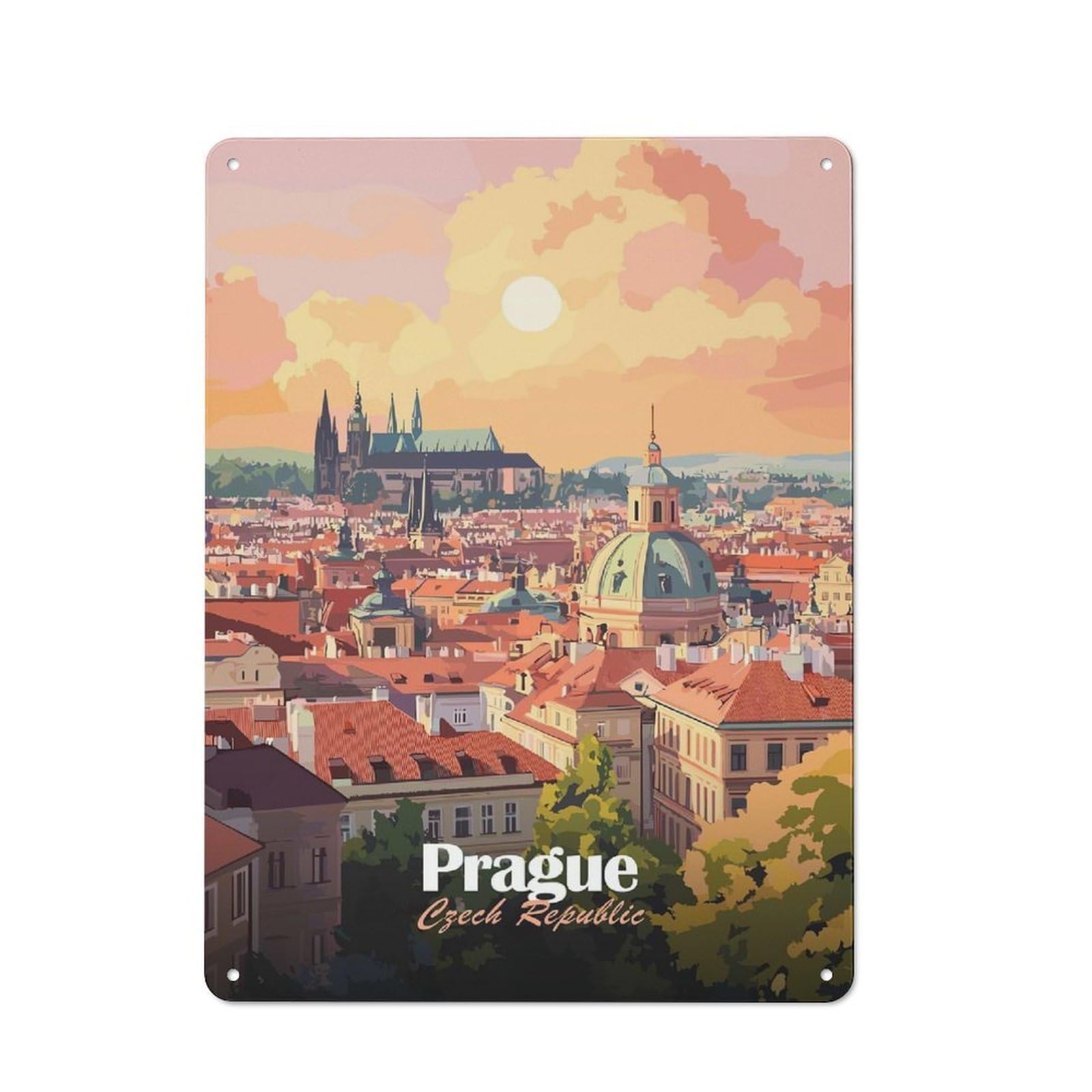 Vintage Prague Cityscape Sunset Garden Room Metal Sign 40x30cm, Porch Wall Decor for Conservatory, Home Bar Or Utility Room