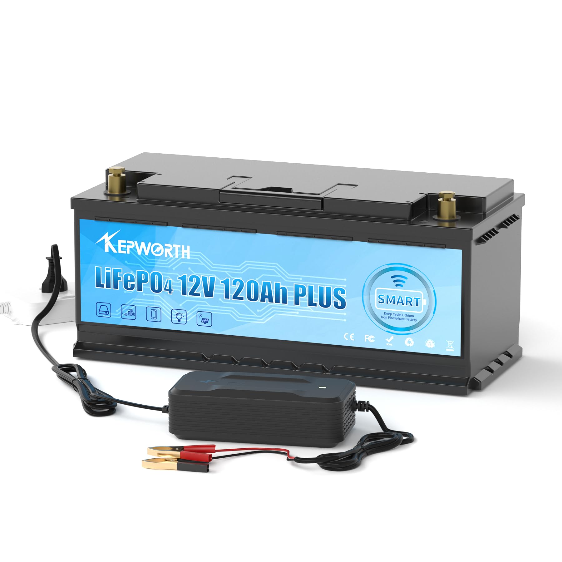 KEPWORTH Bluetooth LiFePO4 Akku – 12V 120Ah, Mit BMS, Für Wohnmobil, Boot, Solar, 5 Jahre Garantie