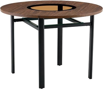 42 Inch Round Dining Table for 4-6 People, Modern Wood Grain MDF Top with Glass Inlay, Metal Legs with Storage Shelf, Industrial Kitchen Table for Dining Room, Brown