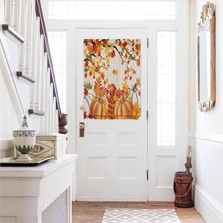 DecorLovee Orange Pumpkins Fall Door Curtains for Door Window 54x40 Inch, Maple Leaf Thanksgiving Botanical Rustic Rod Pocket Curtains Kitchen Tier Curtain Privacy Panel for French Sliding Doors Patio