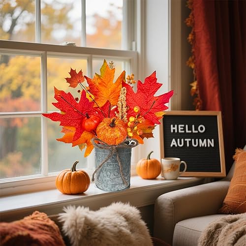 Miniatura 8 de Paquete de 2 decoraciones de otoño de 12 pulgadas, decoración de mesa de otoño, arreglo de calabaza con hojas de arce, trigo con bayas, musgo