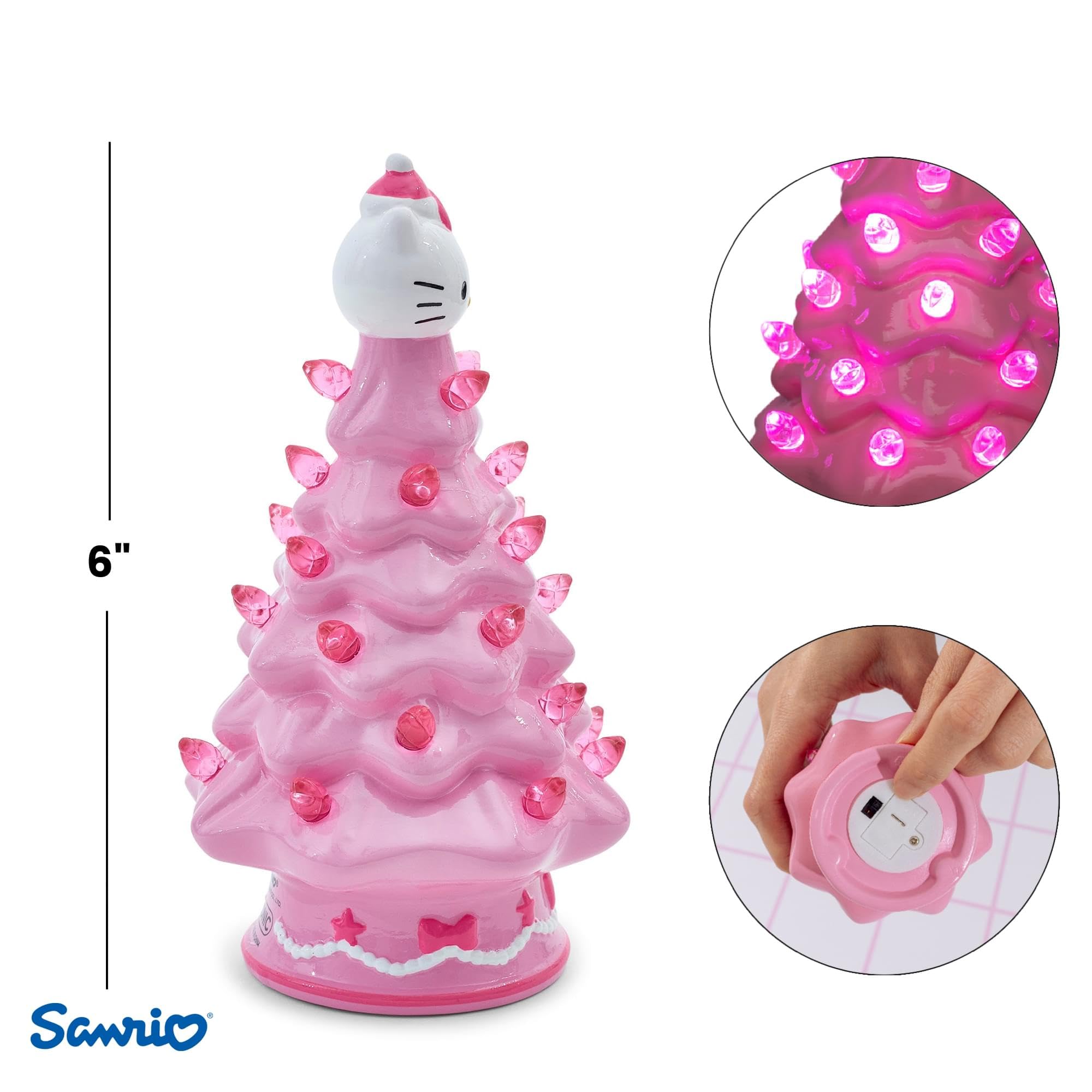 Ukonic Sanrio Hello Kitty Pink Light-Up Ceramic Christmas Tree | Battery-Powered Mood Light | 6 Inches Tall
